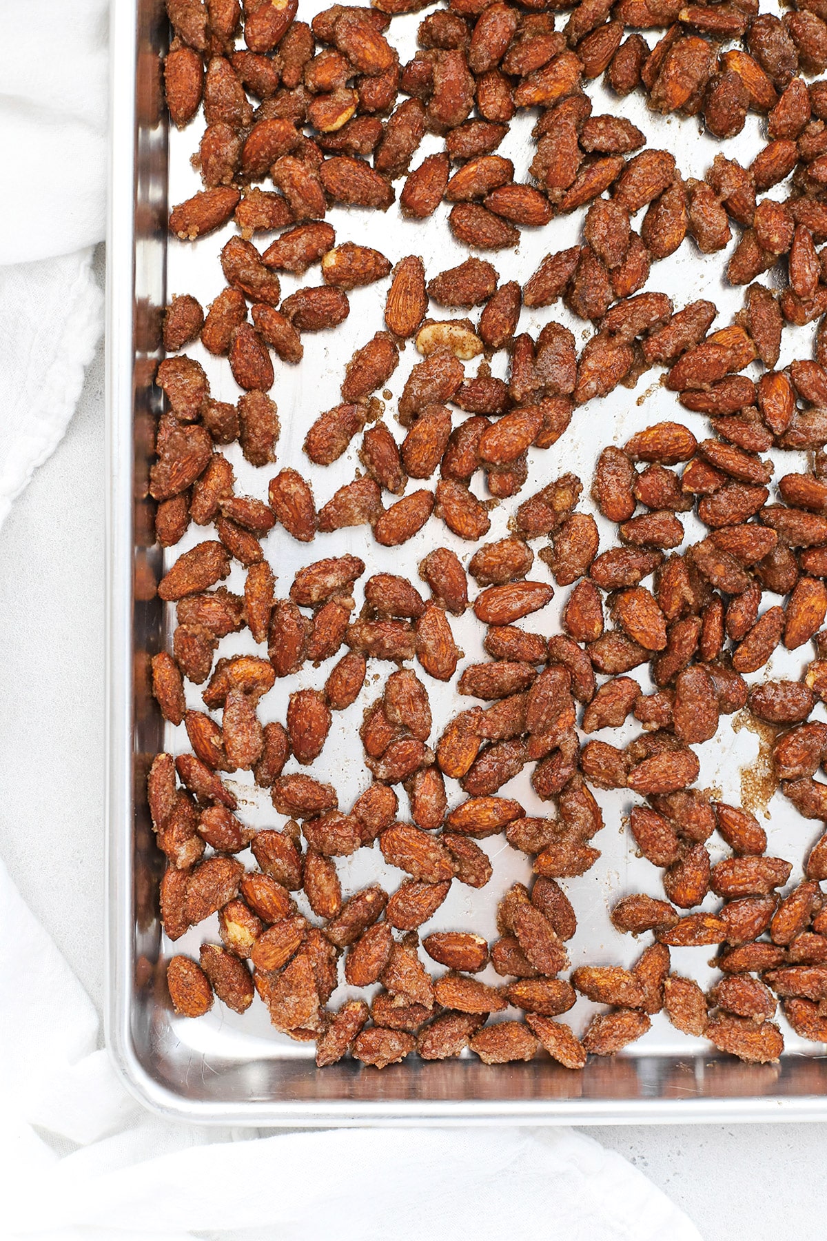 Overhead view of cinnamon almonds ready to go into the oven