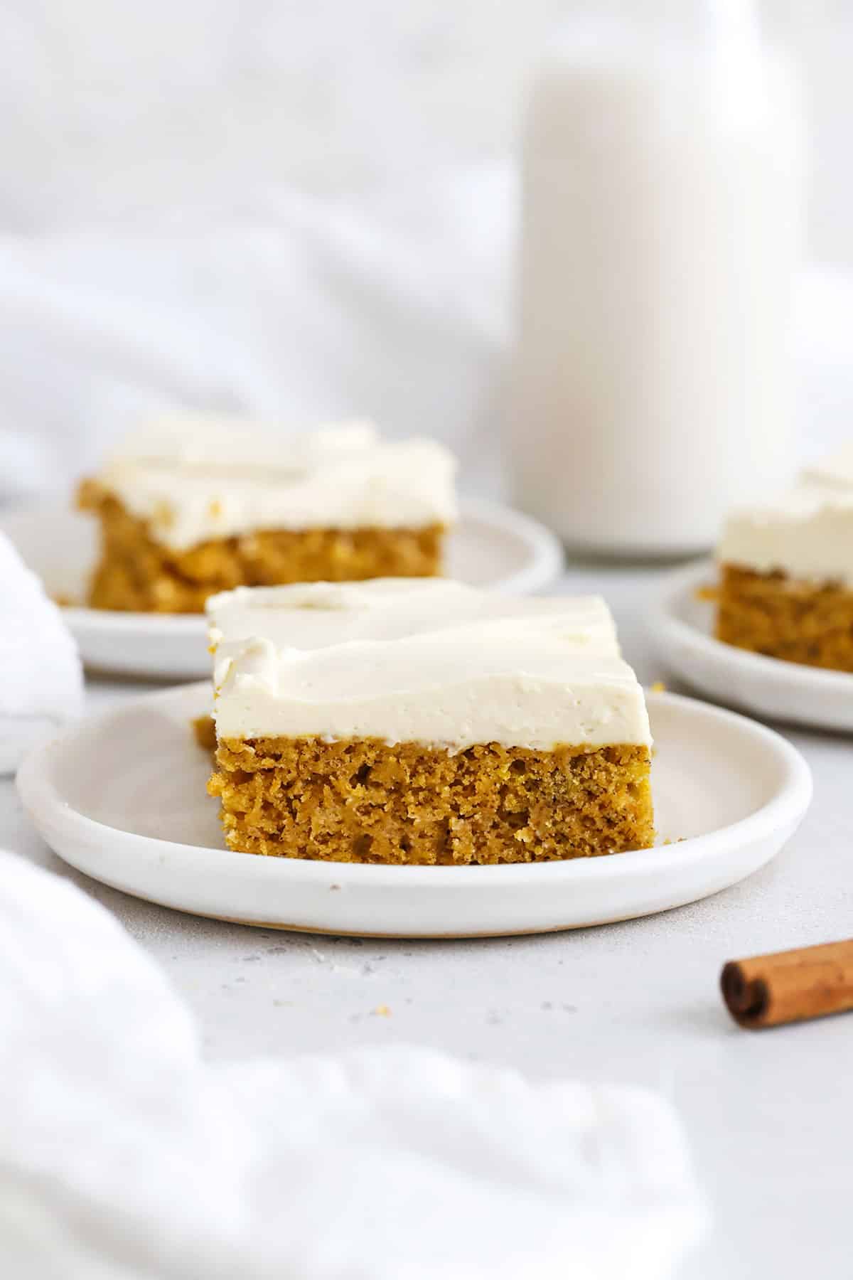 Front view of gluten-free pumpkin bars cut into squares