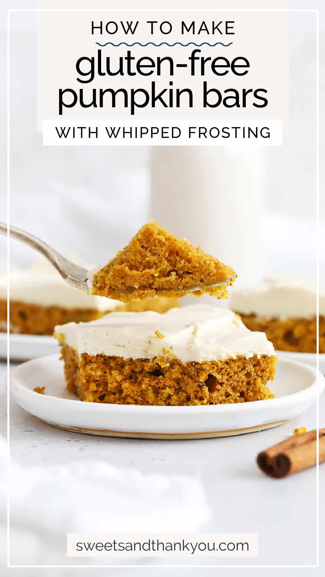 Gluten-Free Pumpkin Bars - This easy gluten-free pumpkin bars recipe is laced with warm spices & topped with a light whipped brown sugar cream cheese frosting that's the perfect finish. // the best gluten-free pumpkin bars // gluten-free pumpkin bar recipe // gluten-free pumpkin bars with cream cheese frosting // whipped cream cheese frosting recipe