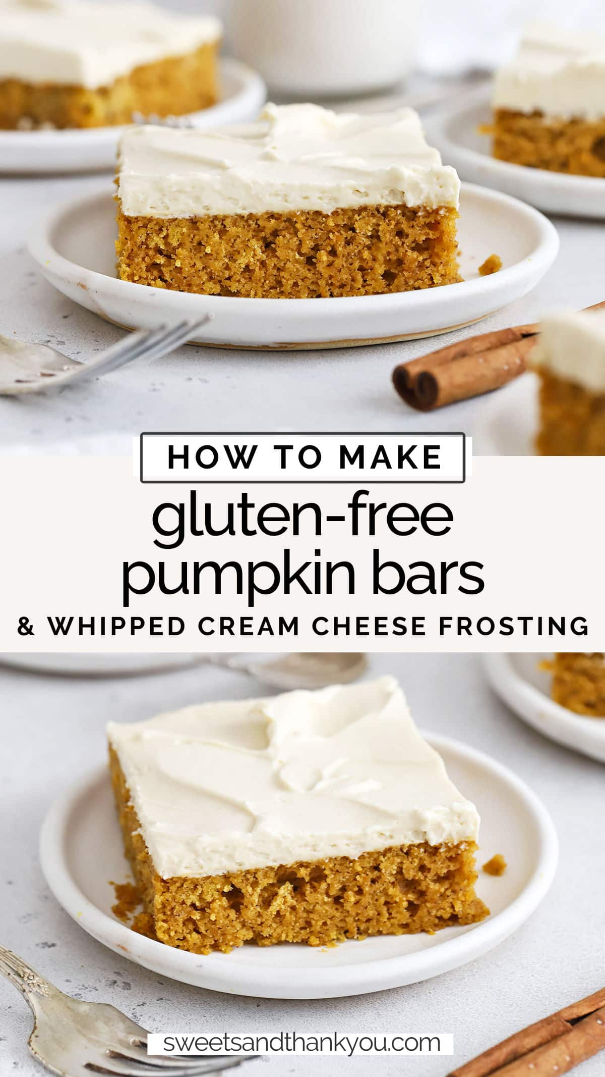 Gluten-Free Pumpkin Bars - This easy gluten-free pumpkin bars recipe is laced with warm spices & topped with a light whipped brown sugar cream cheese frosting that's the perfect finish. // the best gluten-free pumpkin bars // gluten-free pumpkin bar recipe // gluten-free pumpkin bars with cream cheese frosting // whipped cream cheese frosting recipe