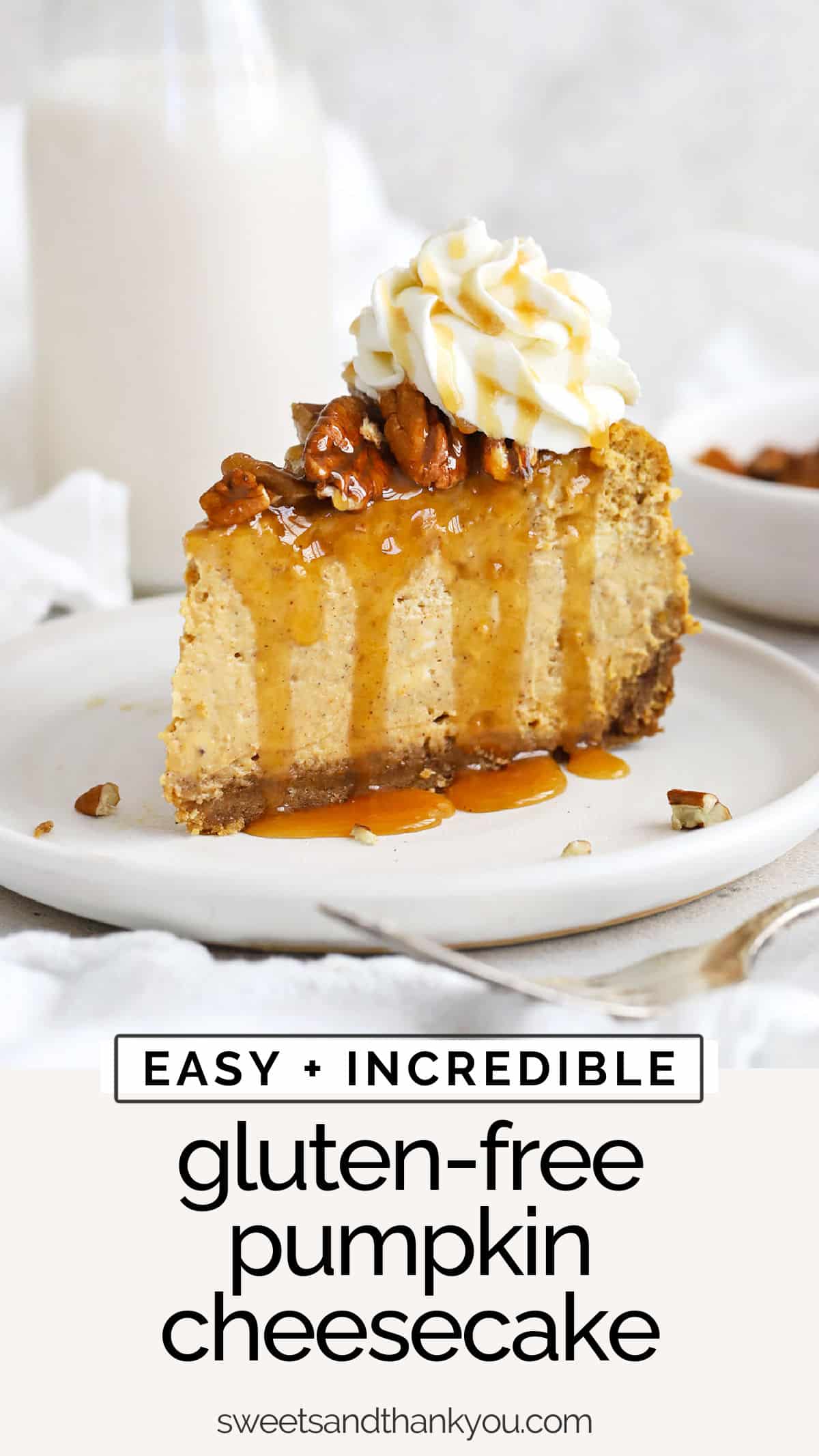 Gluten-Free Pumpkin Cheesecake - This easy gluten-free cheesecake recipe is perfect for pumpkin season! Try it at Thanksgiving or Christmas as a fun alternative to pie. / gluten free pumpkin cheesecake recipe / gluten free pumpkin dessert / gluten free thanksgiving dessert // gluten free Christmas dessert // gluten free pumpkin recipe / gluten free cheesecake crust // gluten free cheesecake filling / gluten-free pumpkin caramel cheesecake / gluten-free pumpkin pecan cheesecake