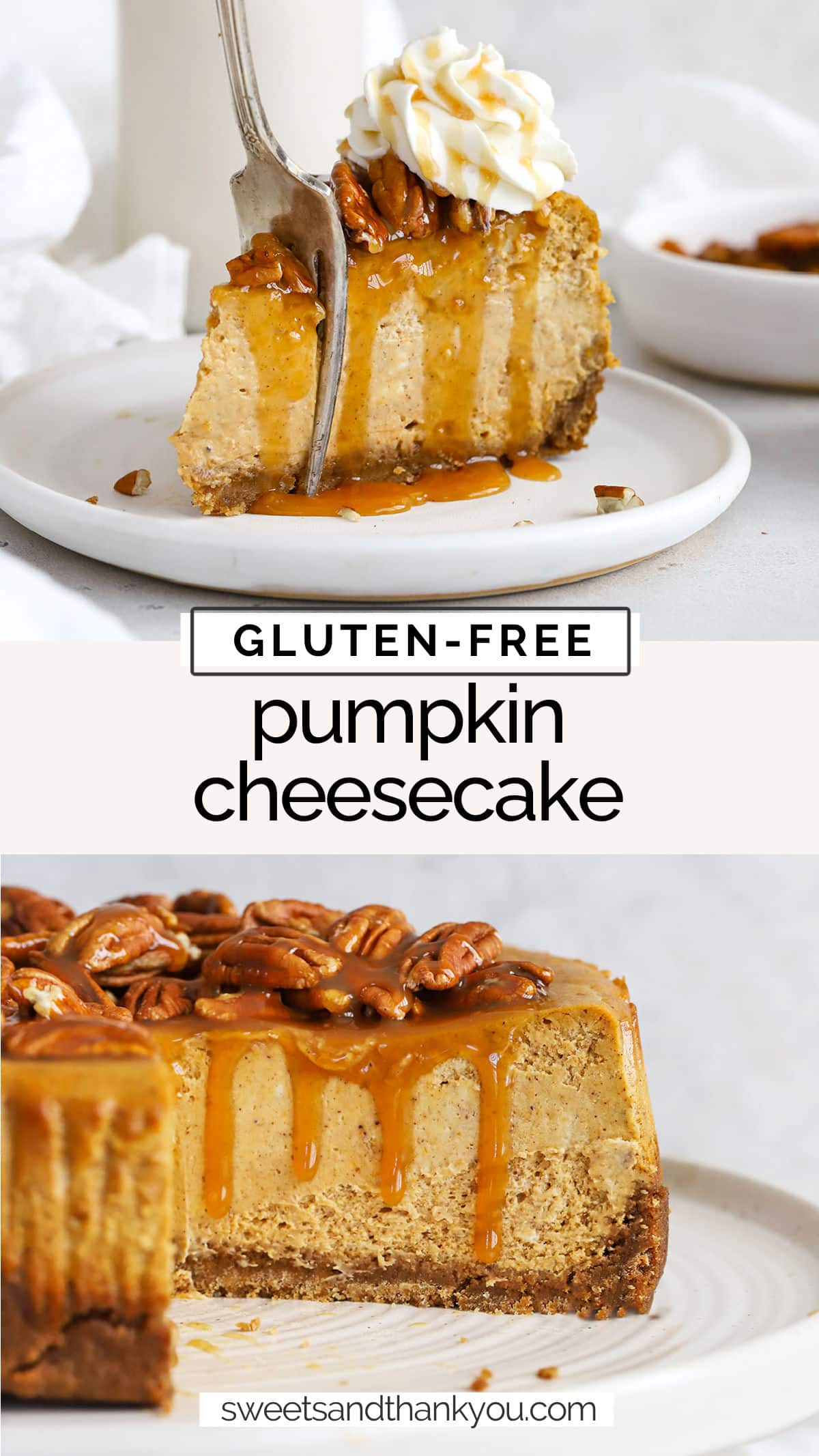 Gluten-Free Pumpkin Cheesecake - This easy gluten-free cheesecake recipe is perfect for pumpkin season! Try it at Thanksgiving or Christmas as a fun alternative to pie. / gluten free pumpkin cheesecake recipe / gluten free pumpkin dessert / gluten free thanksgiving dessert // gluten free Christmas dessert // gluten free pumpkin recipe / gluten free cheesecake crust // gluten free cheesecake filling / gluten-free pumpkin caramel cheesecake / gluten-free pumpkin pecan cheesecake