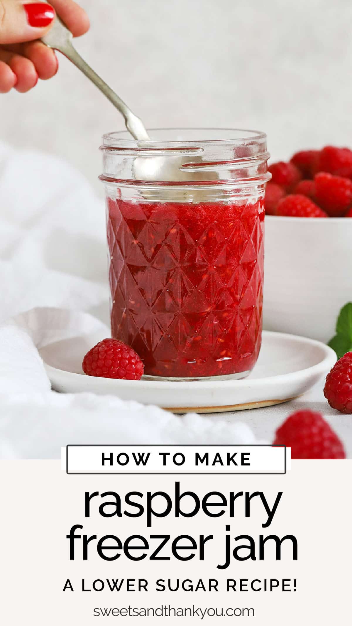 How To Make Low Sugar Raspberry Freezer Jam - This raspberry freezer jam recipe is easier than you think. Made with just 4 ingredients and no canning required! // homemade raspberry jam // homemade raspberry freezer jam recipe // easy freezer jam recipe // easy raspberry jam // low sugar raspberry jam recipe // reduced sugar raspberry jam recipe / low sugar raspberry freezer jam recipe / how to make raspberry freezer jam step by step /