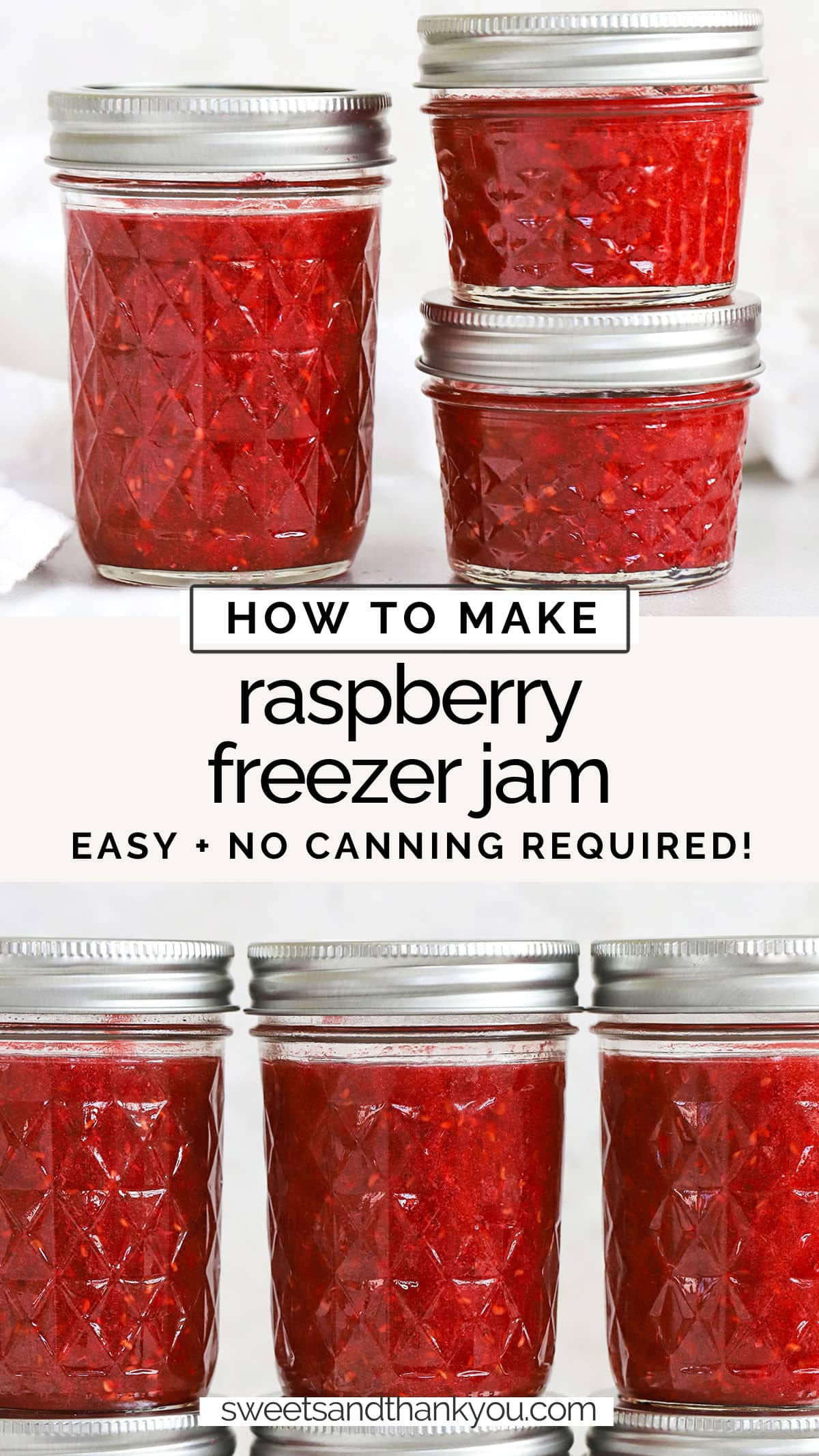 How To Make Low Sugar Raspberry Freezer Jam - This raspberry freezer jam recipe is easier than you think. Made with just 4 ingredients and no canning required! // homemade raspberry jam // homemade raspberry freezer jam recipe // easy freezer jam recipe // easy raspberry jam // low sugar raspberry jam recipe // reduced sugar raspberry jam recipe / low sugar raspberry freezer jam recipe / how to make raspberry freezer jam step by step /