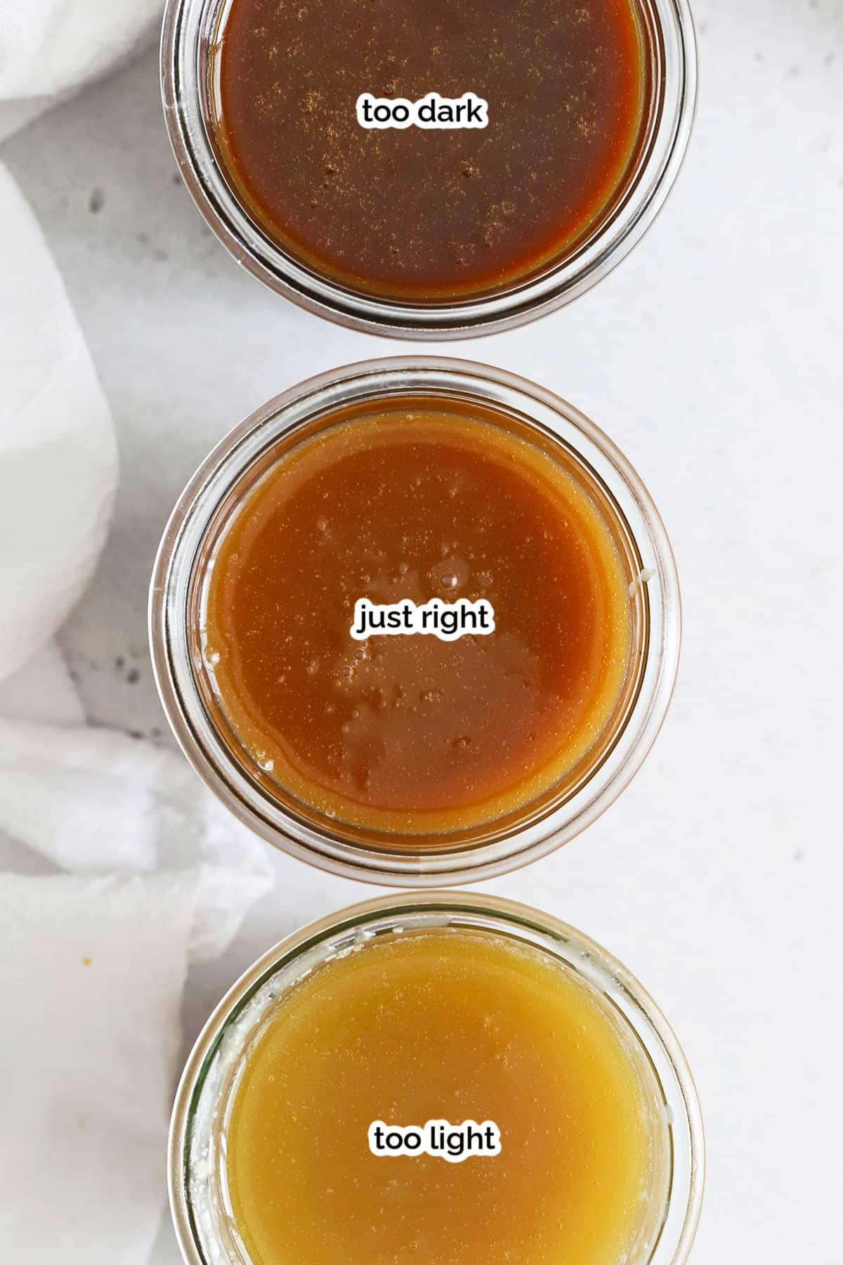 three jars of caramel sauce with different doneness-too dark, just right, and too light.
