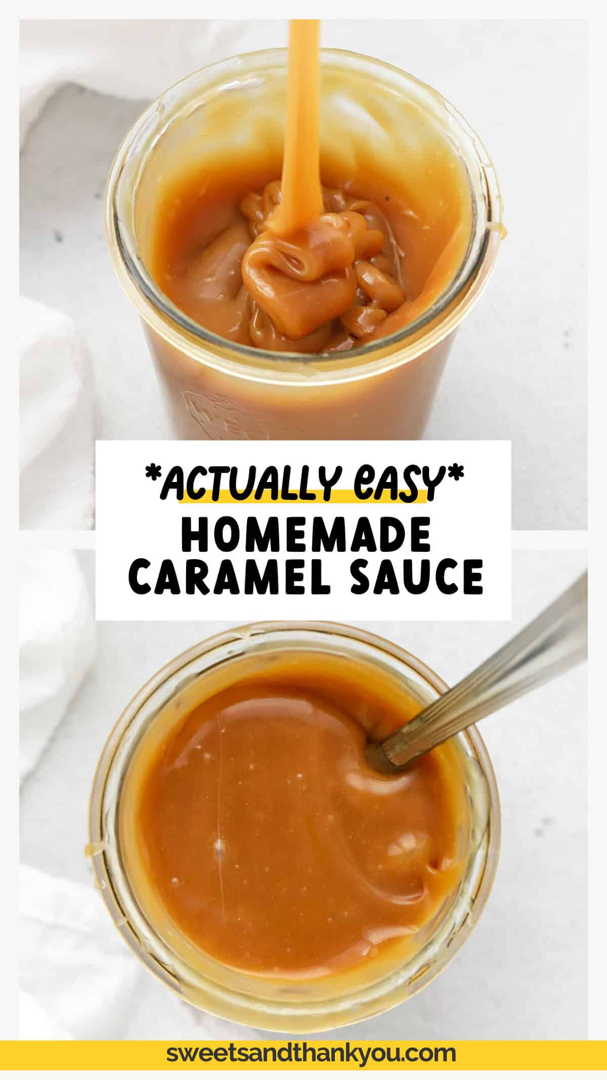 Learn How To Make Caramel Sauce! Our easy homemade caramel sauce recipe is great for beginners and baking pros alike. You'll love it on ice cream, cake, brownies and more! With our step by step tutorial, we'll walk you through everything you need to know to make the best homemade caramel sauce. Get the recipe and 12+ way to use caramel sauce at Sweets & Thank You