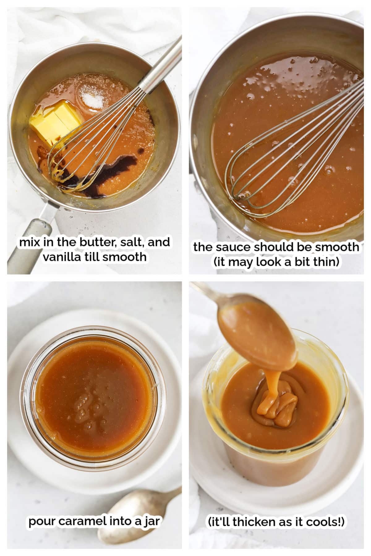 finishing caramel sauce and pouring it into a jar