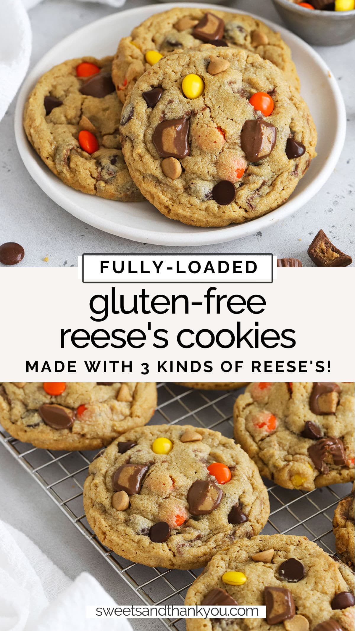 Gluten-Free Reese's Cookies - These gluten-free peanut butter cookies are fully loaded with Reese's cups, Reese's pieces, peanut butter chips AND chocolate chips! The ultimate cookie for peanut butter lovers! / gluten free Reese's peanut butter cookies / gluten-free Reeses peanut butter chocolate chip cookies // gluten-free chocolate peanut butter cookies // gluten-free Reese's pieces cookies /