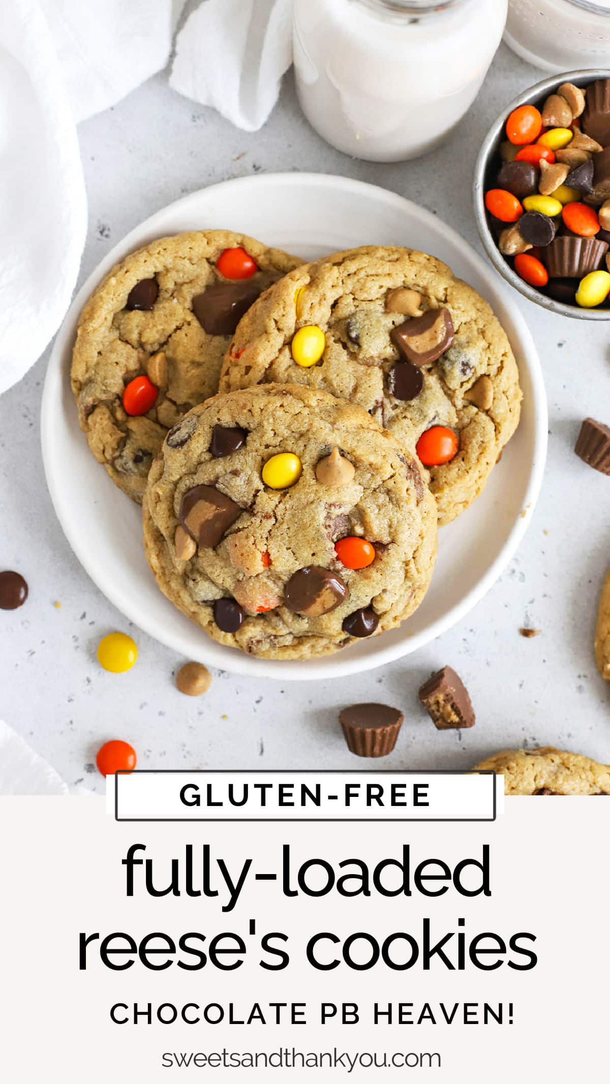 Gluten-Free Reese's Cookies - These gluten-free peanut butter cookies are fully loaded with Reese's cups, Reese's pieces, peanut butter chips AND chocolate chips! The ultimate cookie for peanut butter lovers! / gluten free Reese's peanut butter cookies / gluten-free Reeses peanut butter chocolate chip cookies // gluten-free chocolate peanut butter cookies // gluten-free Reese's pieces cookies /