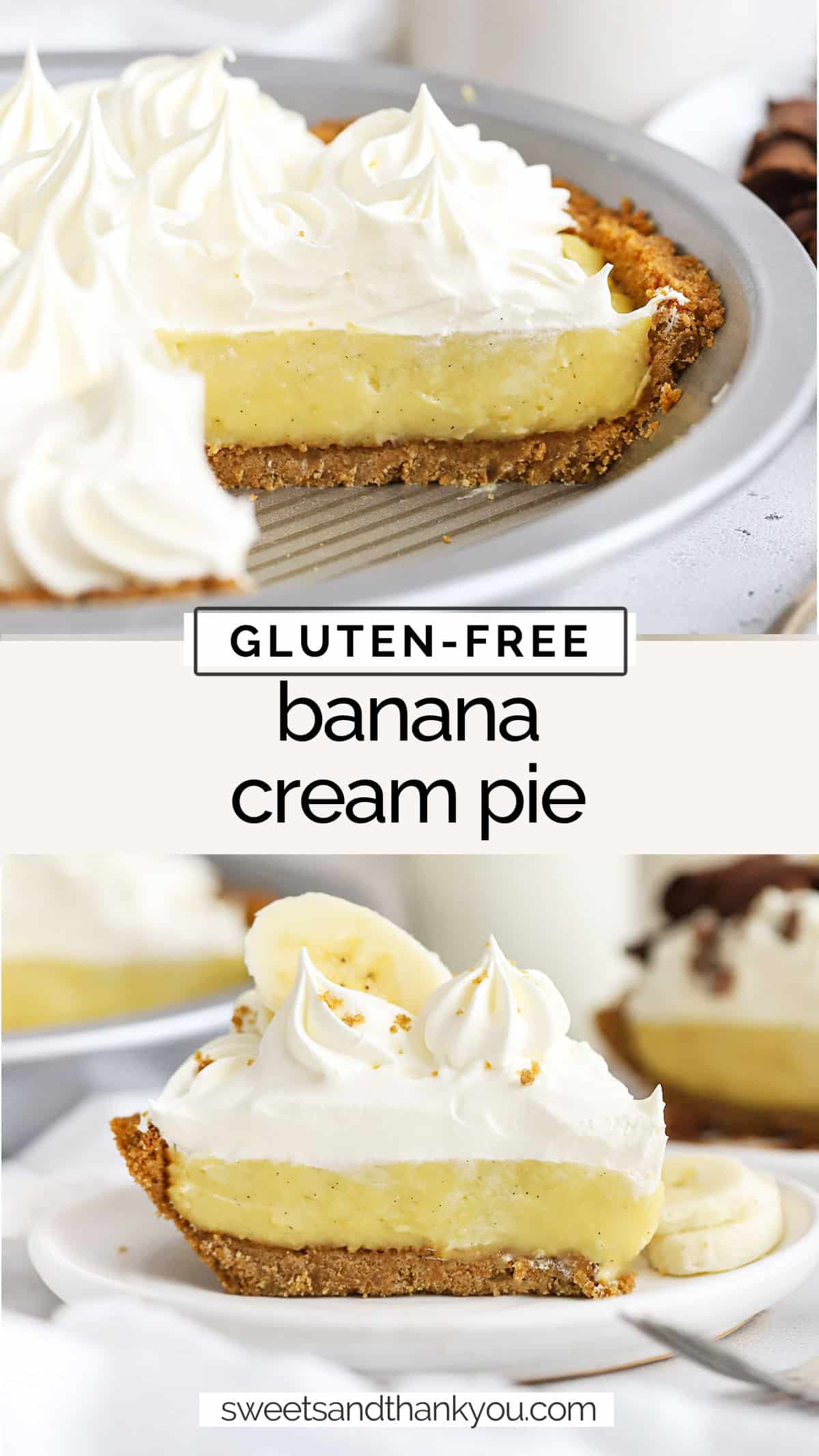 Gluten-Free Banana Cream Pie With Graham Crust - Our gluten-free banana cream pie recipe uses an easy trick to majorly turn up the flavor! / gluten-free banana pie recipe //gluten-free pie recipe / gluten-free cream pie / gluten-free pie with graham cracker crust / easy gluten-free pie recipe / gluten-free thanksgiving dessert / gluten-free banana pudding pie / gluten-free pudding pie recipe / gluten-free banana cream pie from scratch / gluten-free banana cream pie no pudding