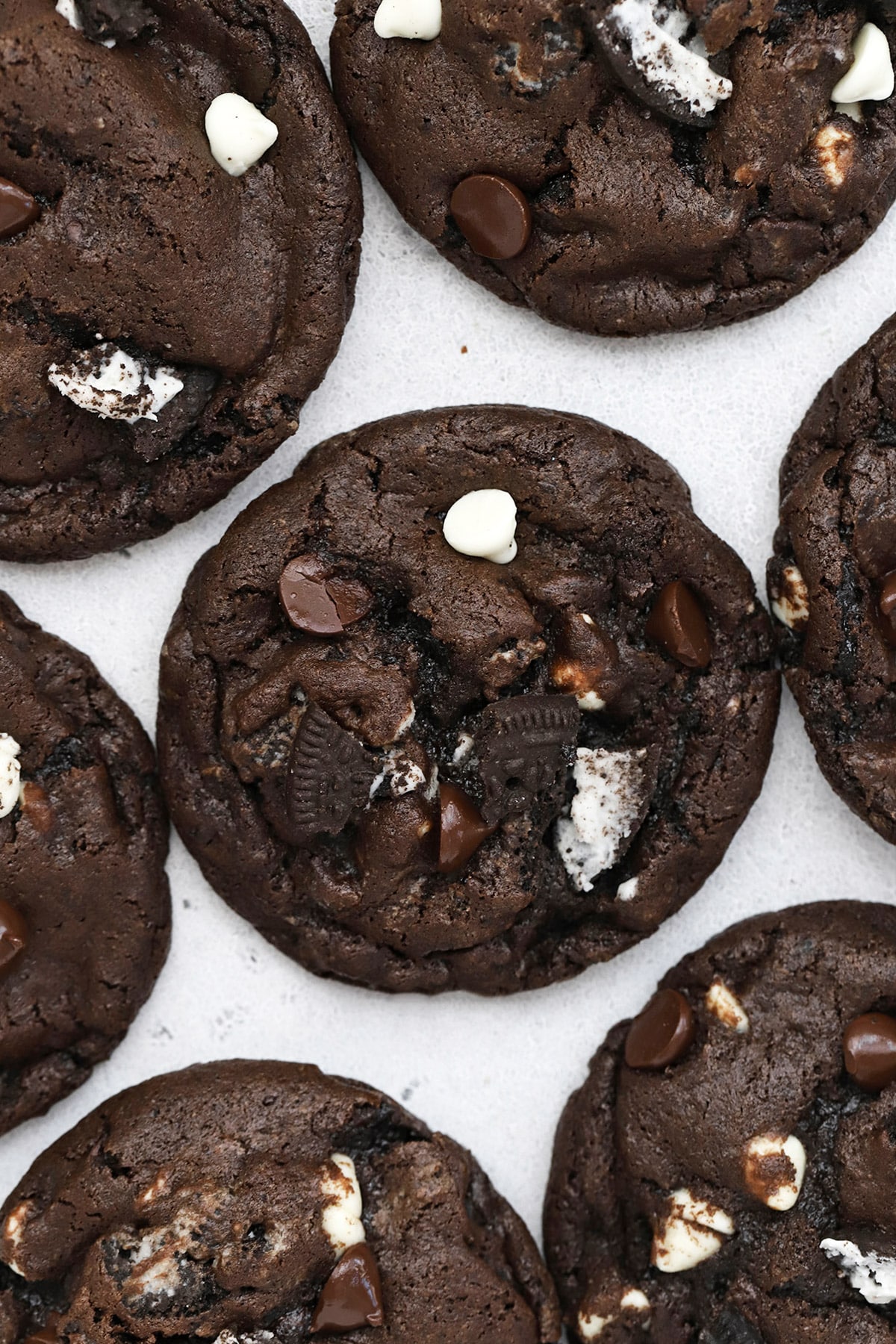 Close up overhead view of gluten-free chocolate cookies and cream cookies