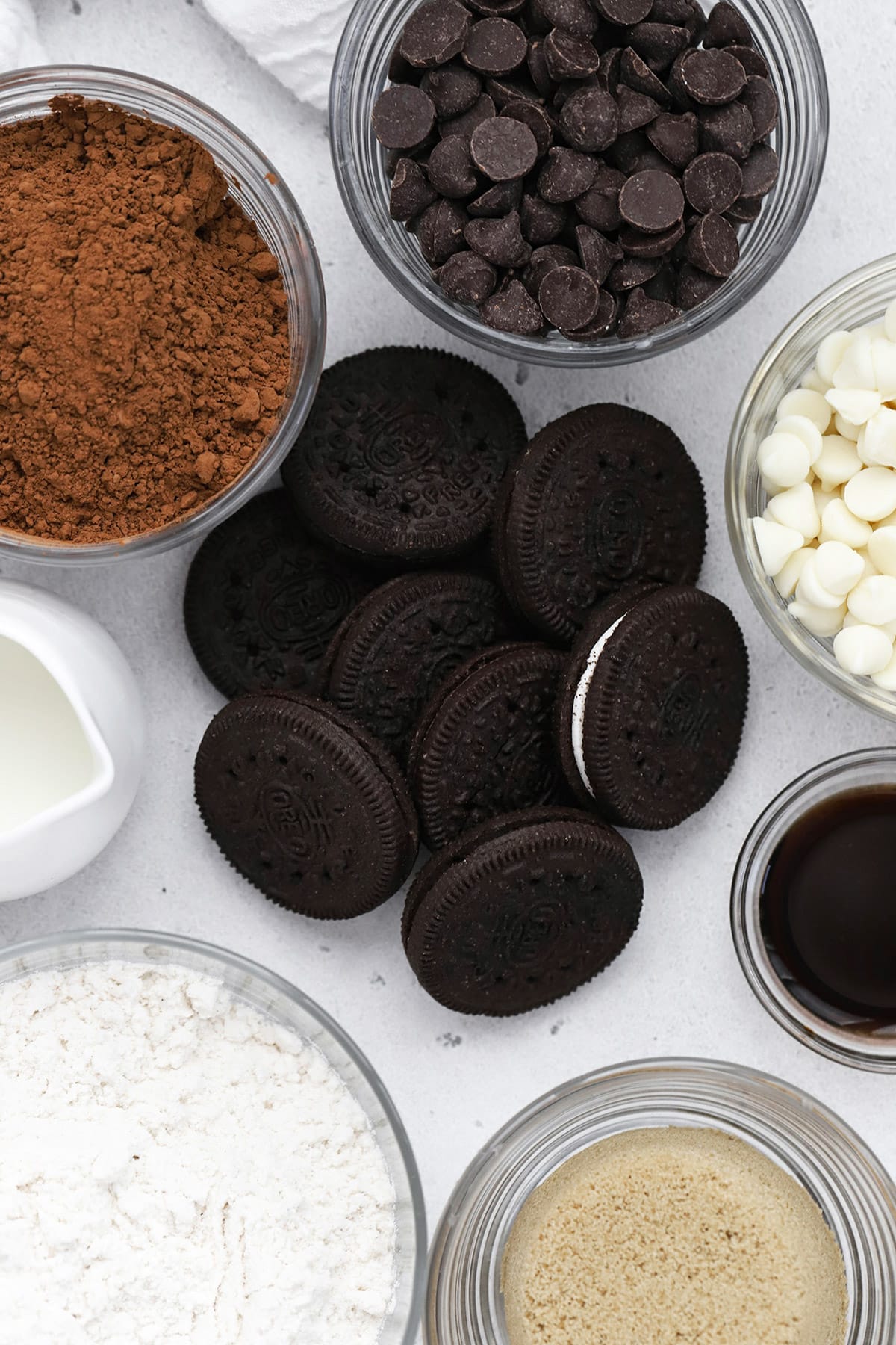 overhead view of ingredients for gluten-free chocolate cookies and cream cookies