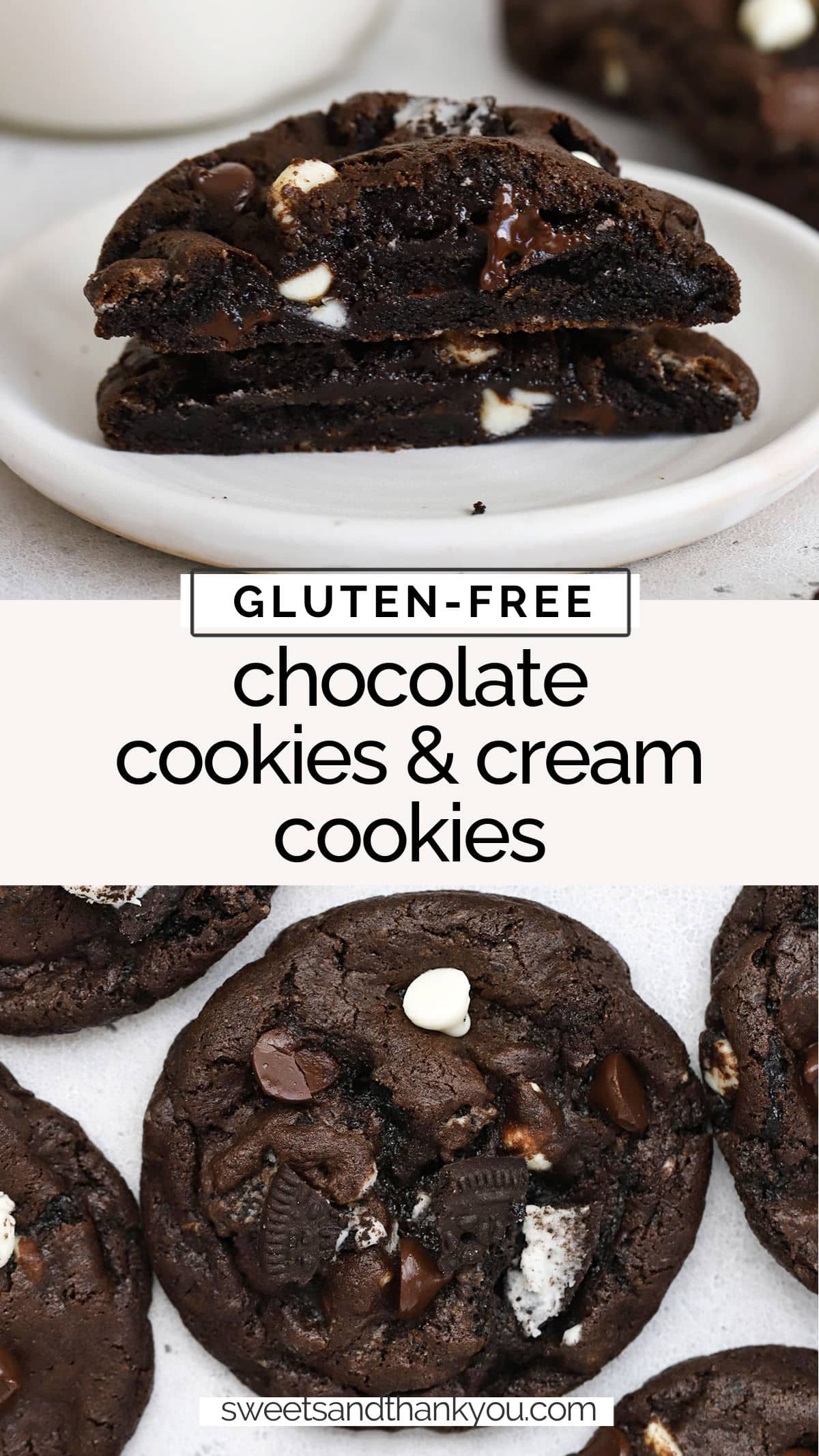 Gluten-Free Chocolate Cookies & Cream Cookies - Fudgy gluten-free chocolate cookies with gluten-free Oreos and TWO kinds of chocolate chips! They're chocolate-vanilla heaven! gluten-free chocolate vanilla cookies / gluten free cookies and cream cookies / gluten free black and white cookies / gluten free chocolate cookies with white chocolate chips // gluten free triple chocolate cookies / gluten free cookie recipe / gluten-free chocolate cookie recipe / gluten free cookies and cream recipe 