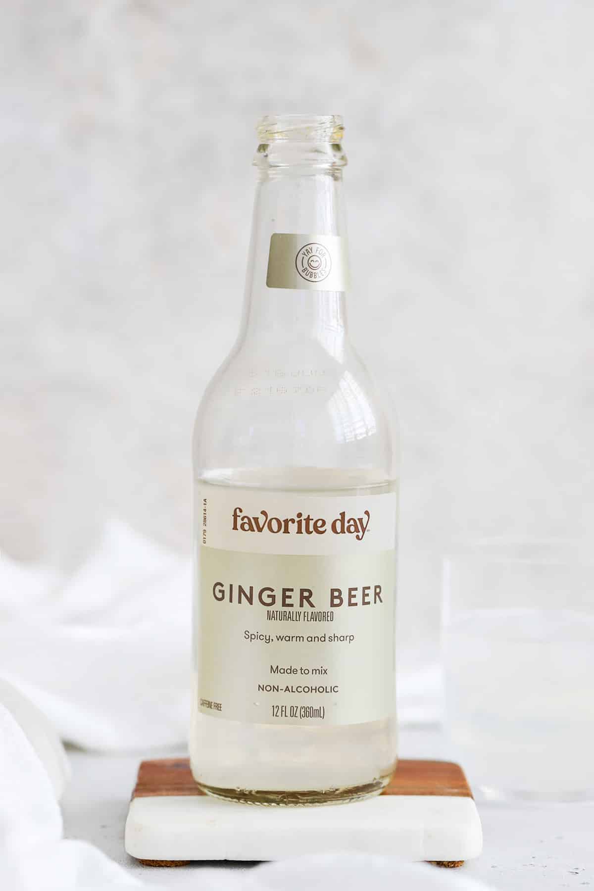 front view of a bottle of favorite day ginger beer