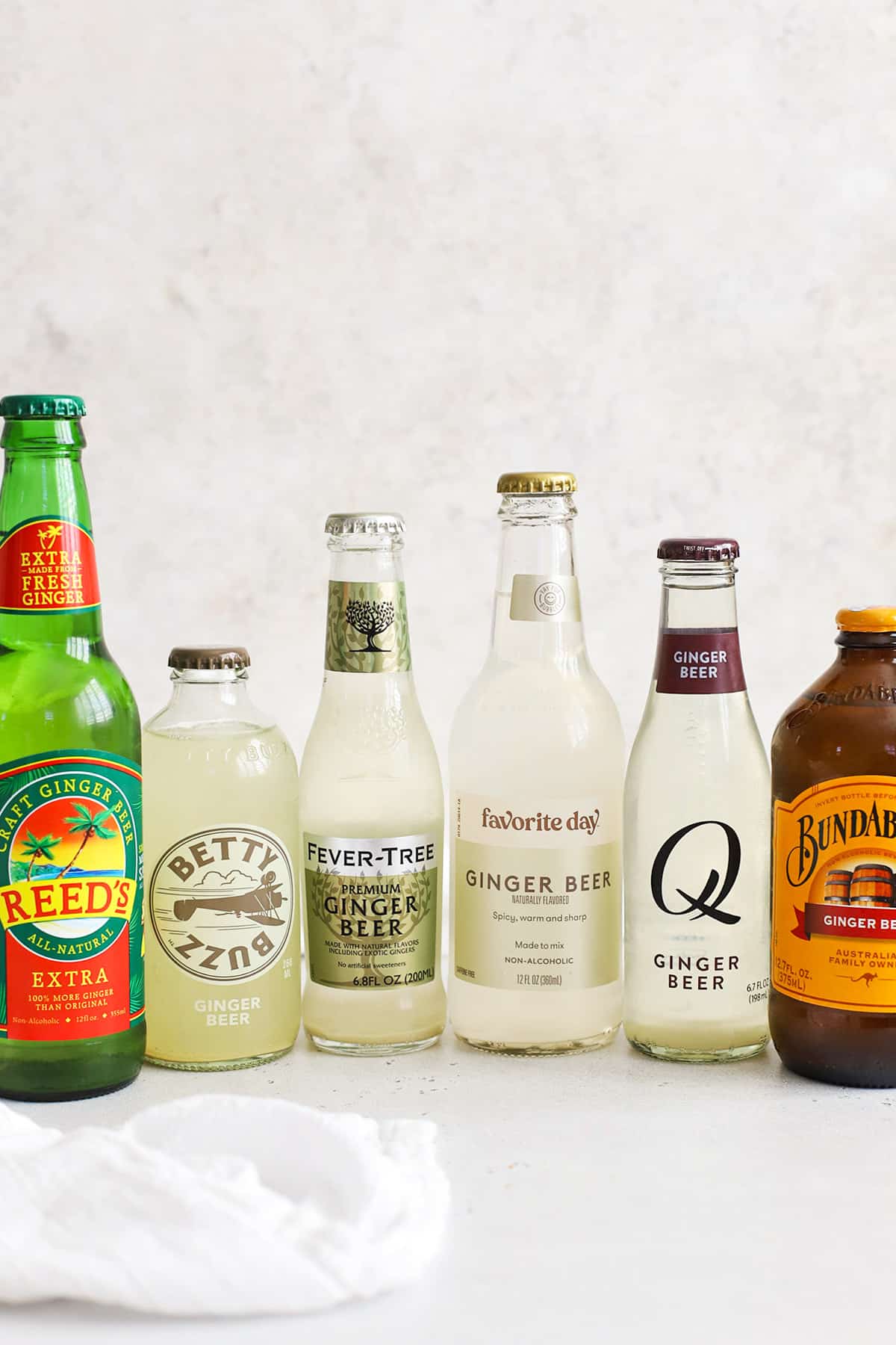 Front view of six brands of ginger beer