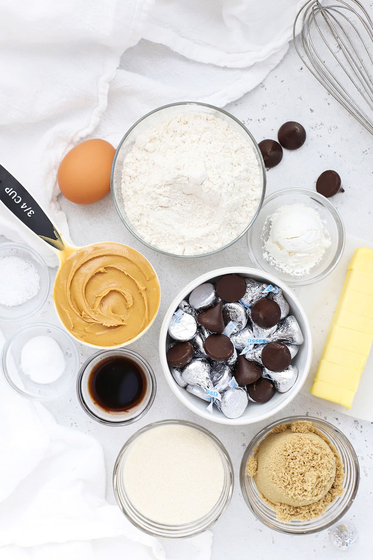 Overhead view of ingredients for gluten-free peanut butter blossoms