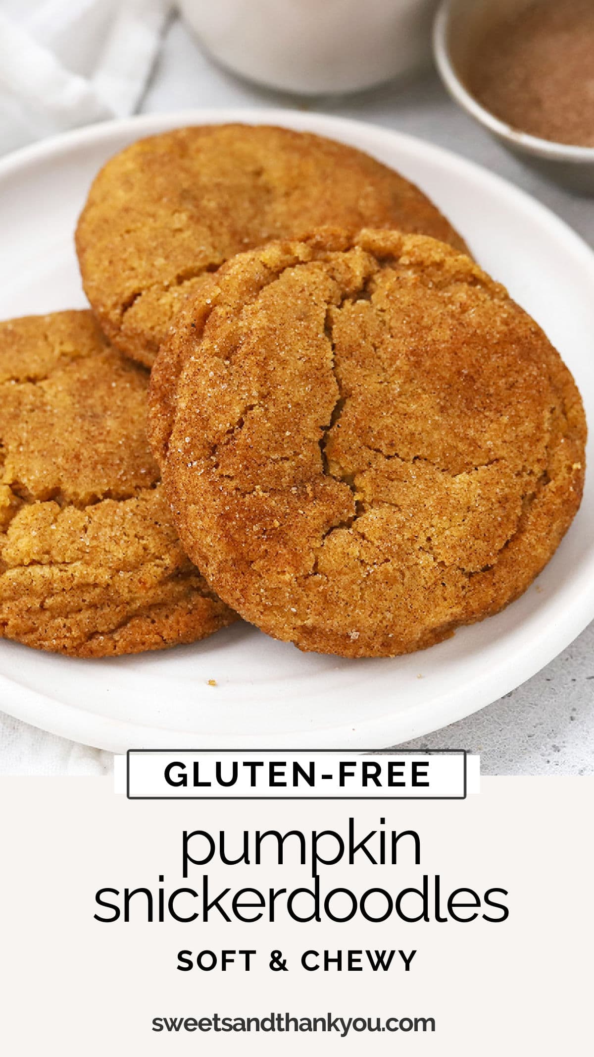 Gluten-Free Pumpkin Snickerdoodles - These soft, chewy gluten-free pumpkin snickerdoodle cookies are perfect when the weather gets chilly! // gluten-free pumpkin cookies / gluten-free holiday cookies / gluten-free pumpkin recipes / gluten-free snickerdoodles recipe / gluten-free snickerdoodle cookies / chewy pumpkin cookies / easy gluten-free cookies recipe / gluten-free cookies recipe