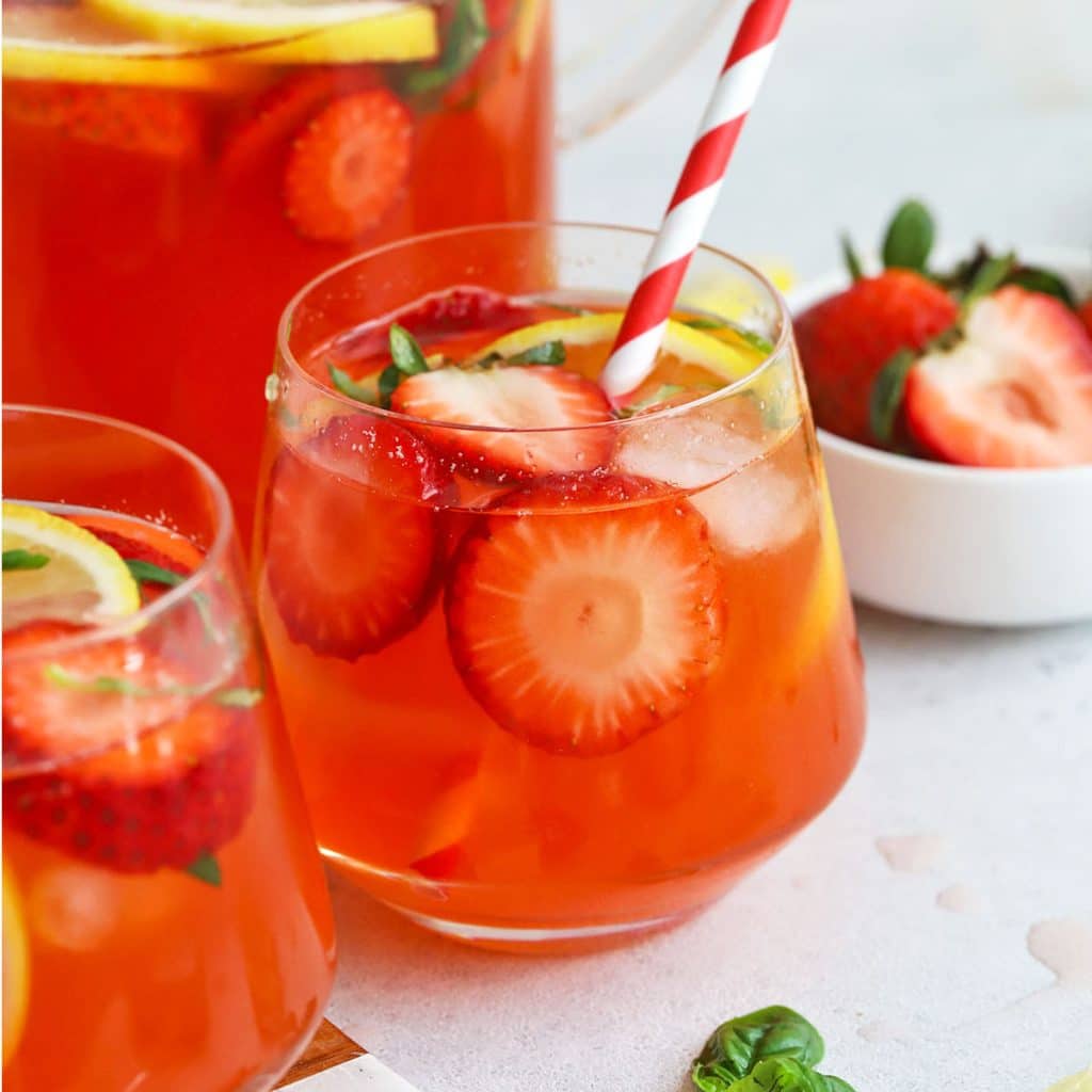Front view of glasses of strawberry basil lemonade