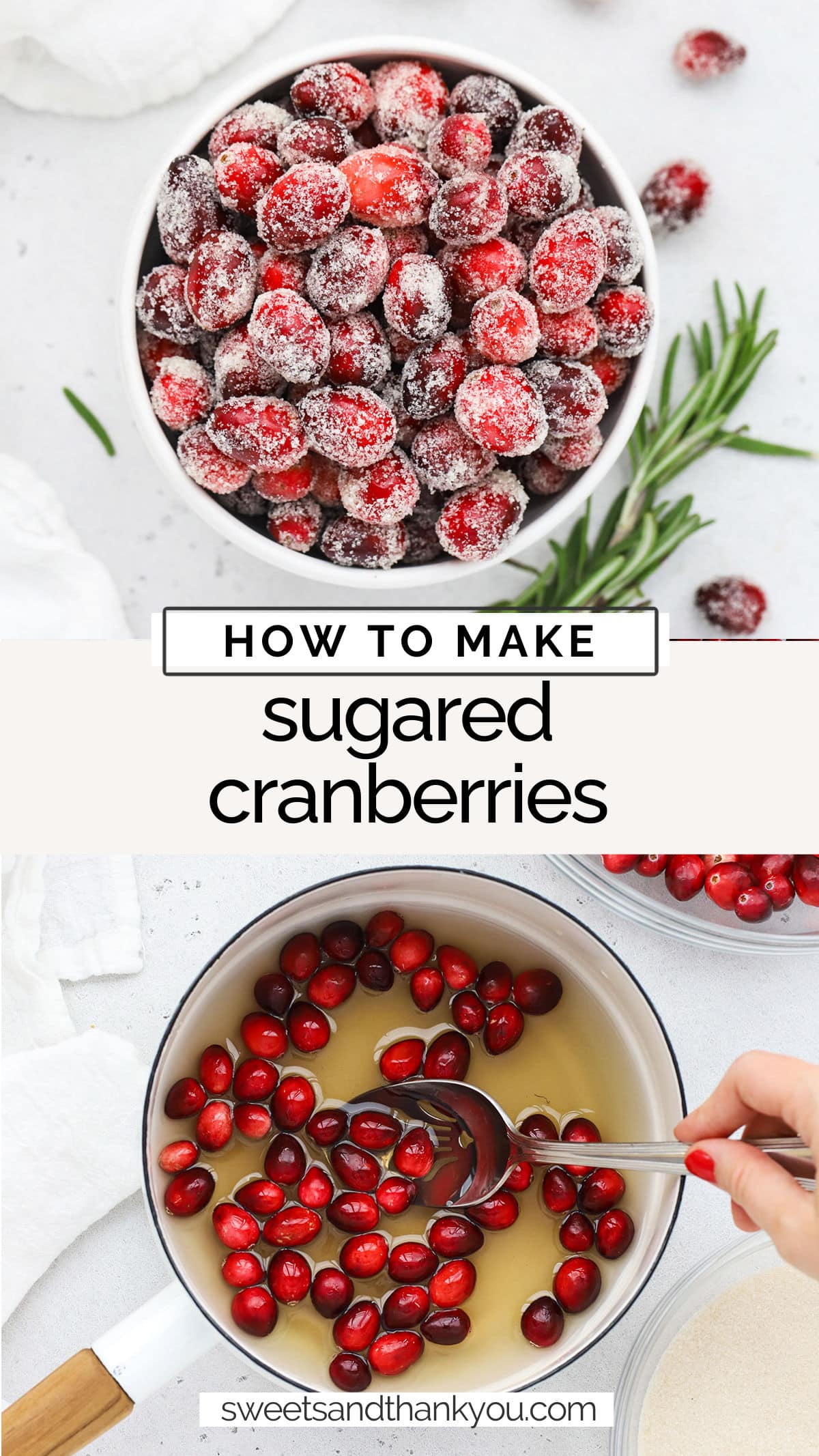 How To Make Sugared Cranberries - This easy sugar covered cranberries recipe adds a beautiful finish to so many holiday sweets, treats, and drinks! Don't miss all our ideas for using them below! / how to use sugared cranberries / ways to decorate with sugared cranberries / sugar coated cranberries recipe / sugar cranberries recipe / sugared cranberries tutorial / holiday cake decoration / cake decorating ideas / sparkling cranberries / holiday dessert ideas
