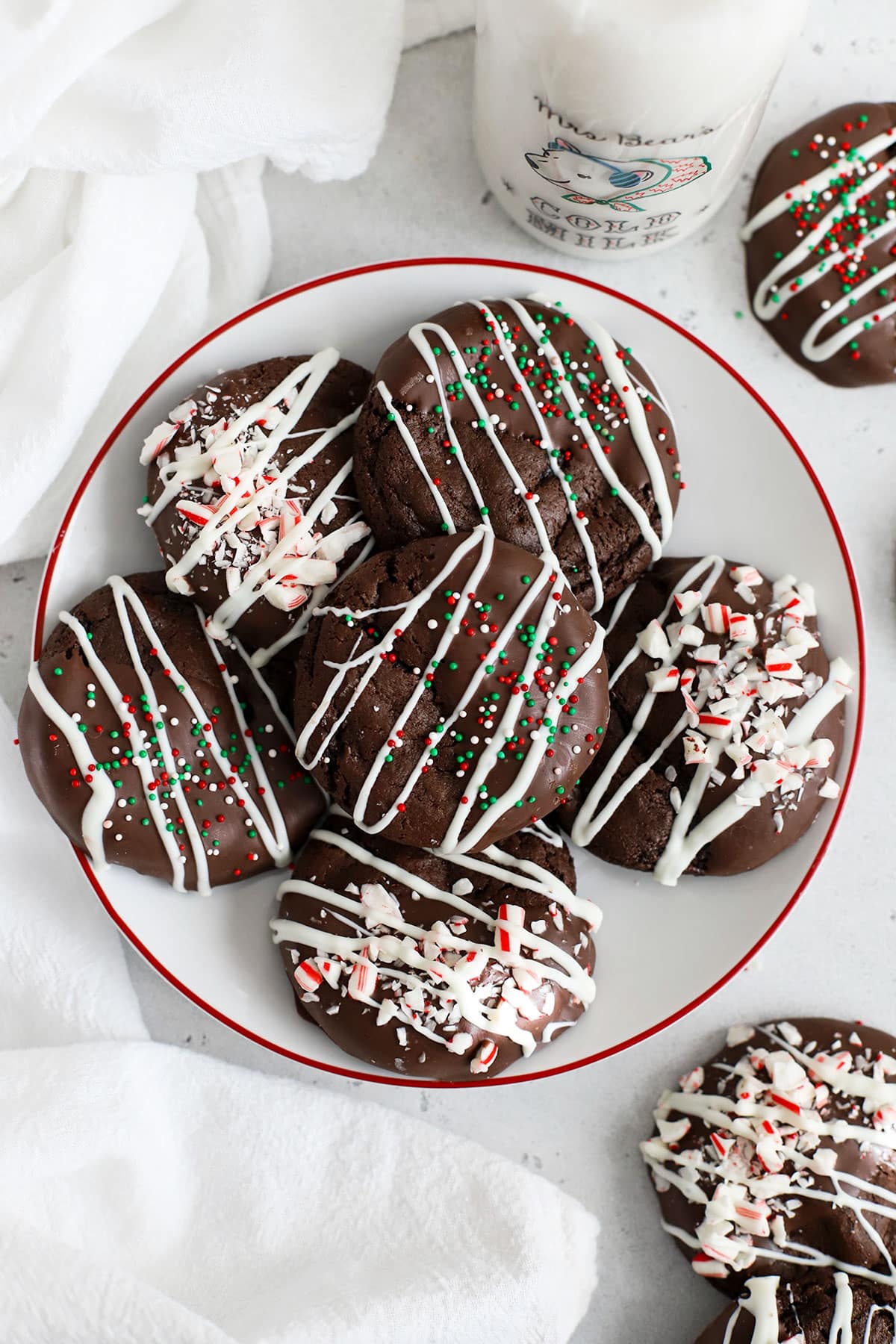 Gluten-free chocolate peppermint cookies on a white plate
