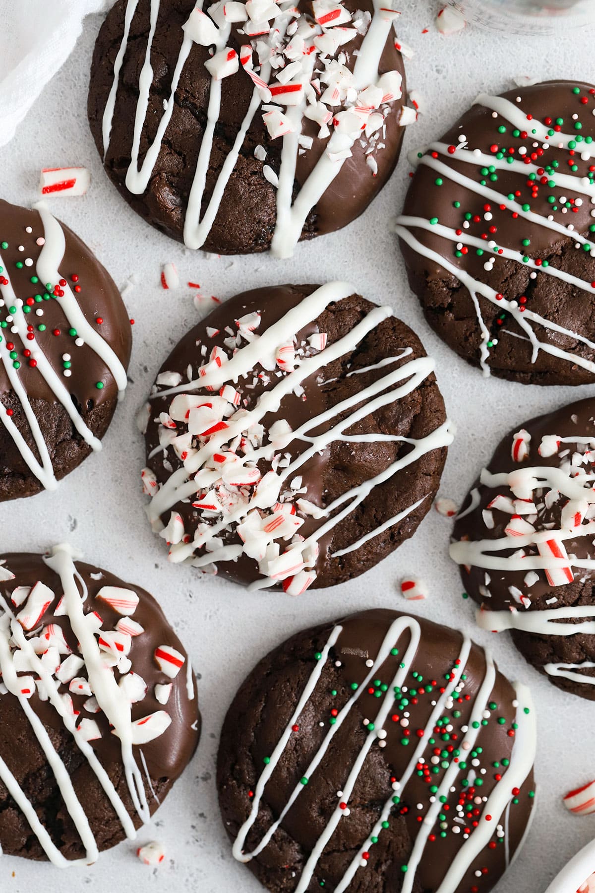 Gluten-free chocolate candy cane cookies on a white background