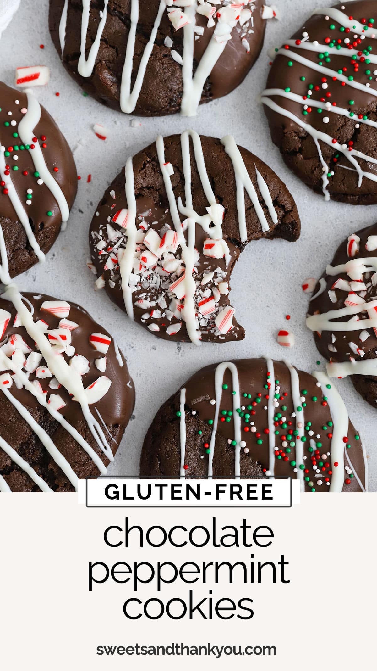 Gluten-Free Chocolate Peppermint Cookies - These fudgy gluten0free chocolate candy cane cookies have a brownie-like texture, a double dose of chocolate & a few fun finishes. A perfect holiday cookie! // gluten-free peppermint cookies / gluten-free holiday cookies / gluten-free christmas cookies / glute-free peppermint brownie cookies / gluten-free chocolate peppermint cookie recipe / gluten-free peppermint cookie recipe / gluten-free candy cane cookie recipe