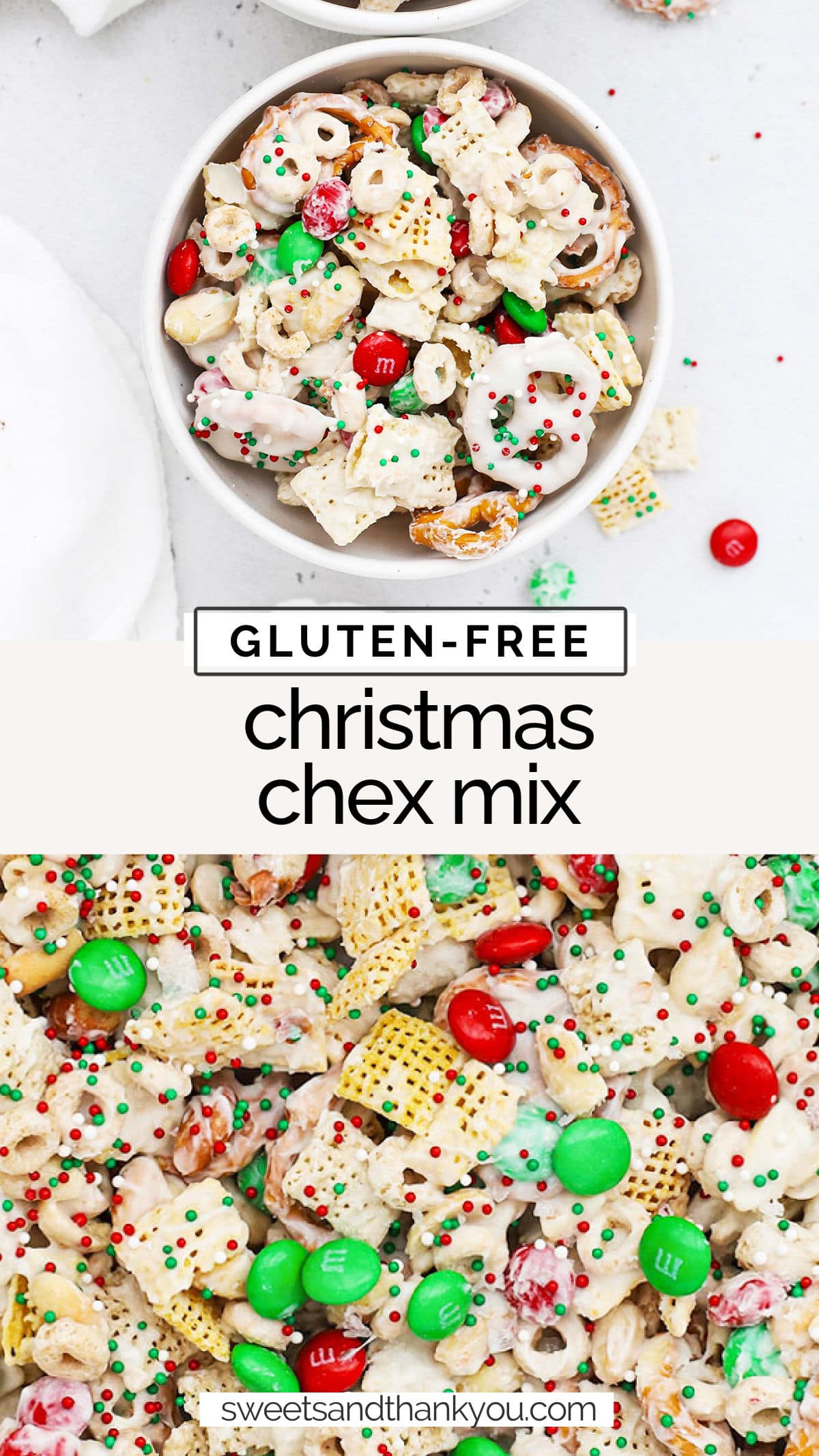 How to make gluten-free holiday chex mix - This easy gluten-free christmas chex recipe is so fun and festive! A perfect gift for friends & neighbors! / gluten-free holiday chex mix recipe / gluten-free chex mix recipe / gluten-free christmas crunch chex mix / gluten free chex mix with m&ms / no bake gluten-free christmas treats / gluten-free no-bake christmas recipes / gluten-free christmas treats / gluten-free christmas snack mix / gluten-free christmas recipe