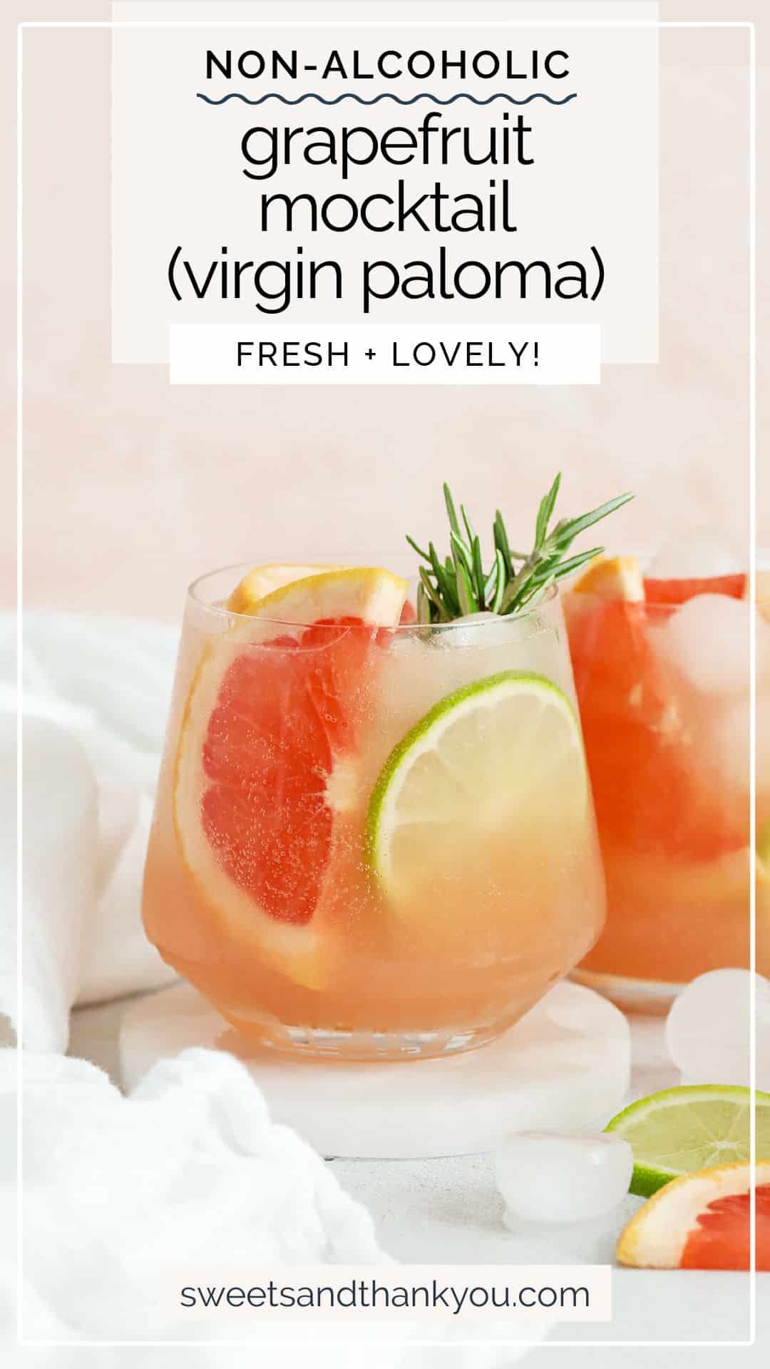 Grapefruit Mocktail (Virgin Paloma) - This non-alcoholic twist on a paloma is the perfect blend of citrus and sparkle. You'll love the fresh, bright flavor! // virgin paloma recipe / grapefruit mocktail recipe / non-alcoholic paloma / non-alcoholic grapefruit drink recipe / easy mocktail recipe / citrus mocktail / holiday mocktail / christmas mocktail / winter mocktail / new years eve mocktail / party mocktail / non-alcoholic party drink / pink mocktail / pink grapefruit mocktail