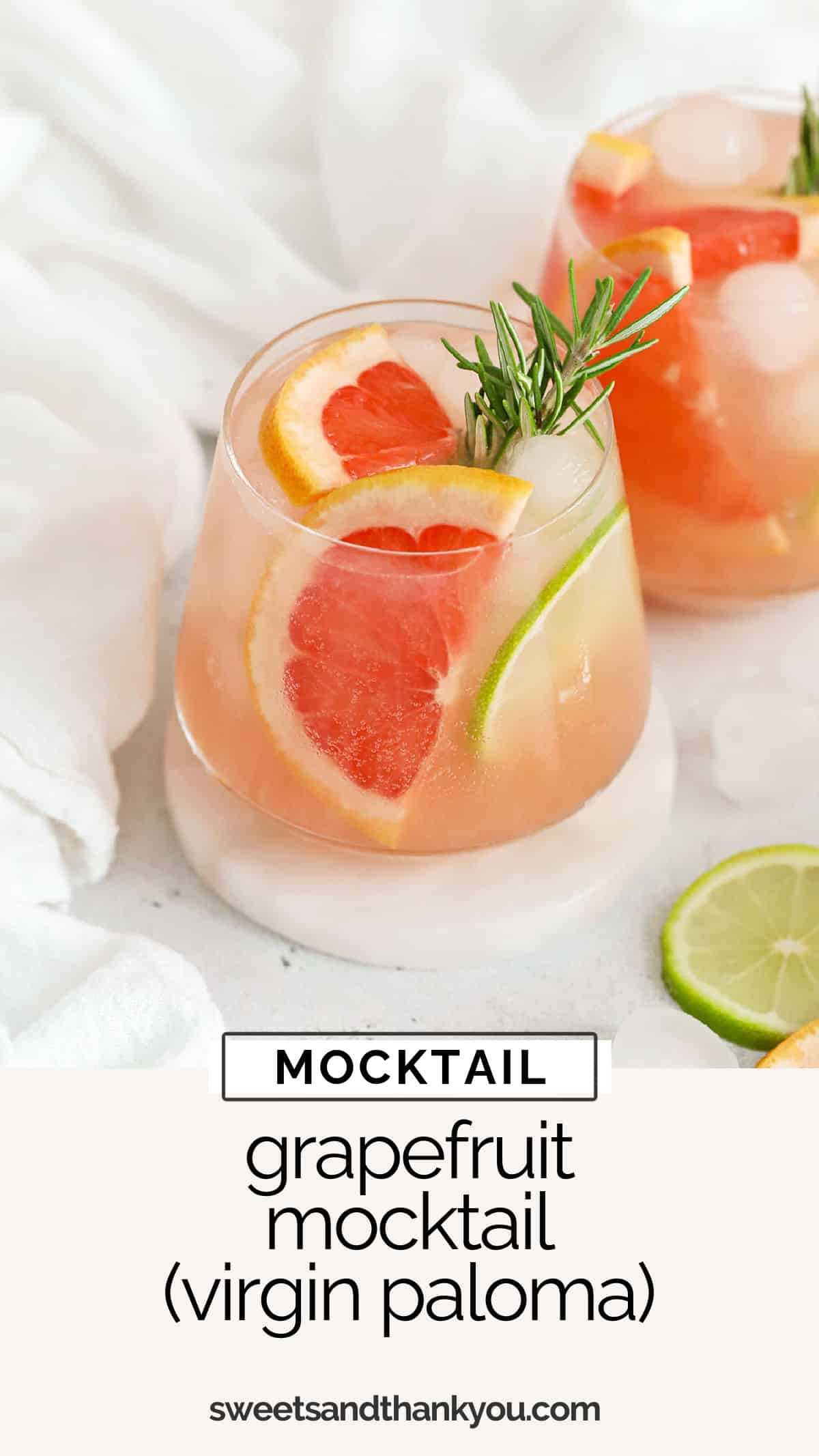 Grapefruit Mocktail (Virgin Paloma) - This non-alcoholic twist on a paloma is the perfect blend of citrus and sparkle. You'll love the fresh, bright flavor! // virgin paloma recipe / grapefruit mocktail recipe / non-alcoholic paloma / non-alcoholic grapefruit drink recipe / easy mocktail recipe / citrus mocktail / holiday mocktail / christmas mocktail / winter mocktail / new years eve mocktail / party mocktail / non-alcoholic party drink / pink mocktail / pink grapefruit mocktail