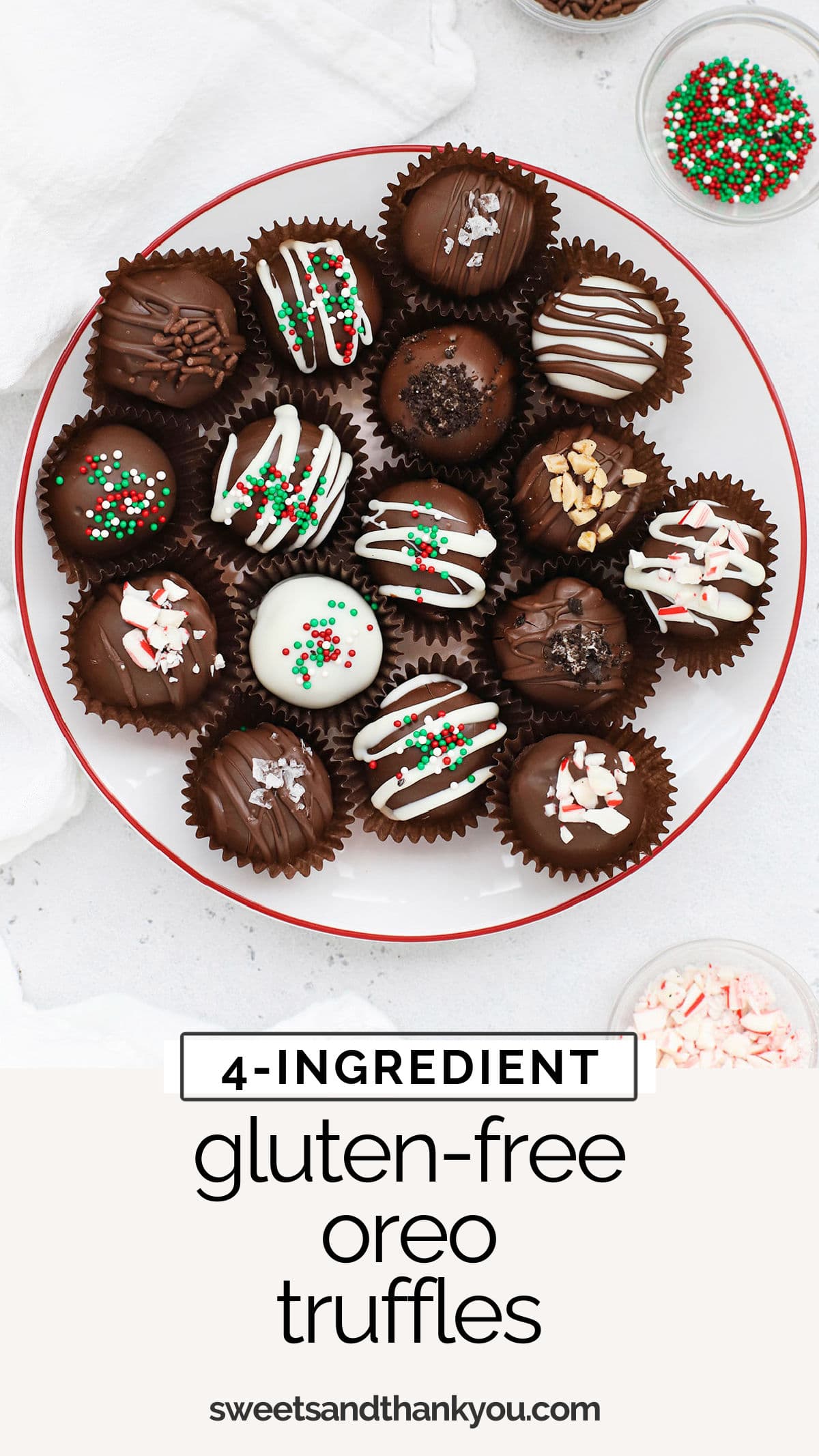 Easy Gluten-Free Oreo Truffles - This gluten-free oreo balls recipe is a perfect holiday treat to share with friends & neighbors. (Don't miss our yummy variations!) // Gluten-Free Peppermint Oreo Truffles // Gluten-free Oreo truffle recipe // gluten-free oreo ball recipe // gluten-free no-bake treat // gluten-free no-bake holiday treats // gluten-free no-bake christmas treats // gluten-free Oreo treats // gluten-free christmas recipe / gluten-free holiday recipe / gluten-free Christmas dessert  