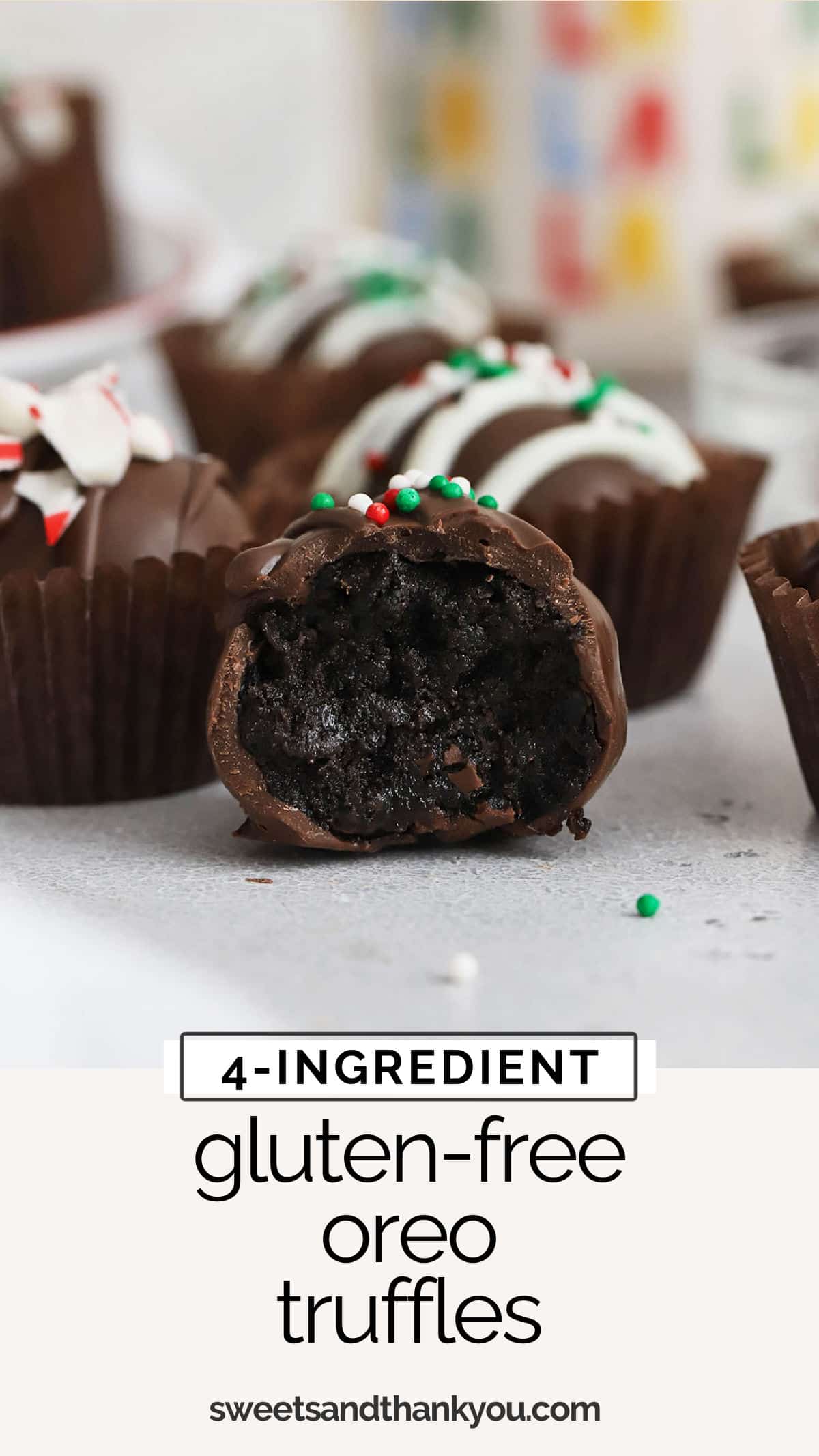Easy Gluten-Free Oreo Truffles - This gluten-free oreo balls recipe is a perfect holiday treat to share with friends & neighbors. (Don't miss our yummy variations!) // Gluten-Free Peppermint Oreo Truffles // Gluten-free Oreo truffle recipe // gluten-free oreo ball recipe // gluten-free no-bake treat // gluten-free no-bake holiday treats // gluten-free no-bake christmas treats // gluten-free Oreo treats // gluten-free christmas recipe / gluten-free holiday recipe / gluten-free Christmas dessert  