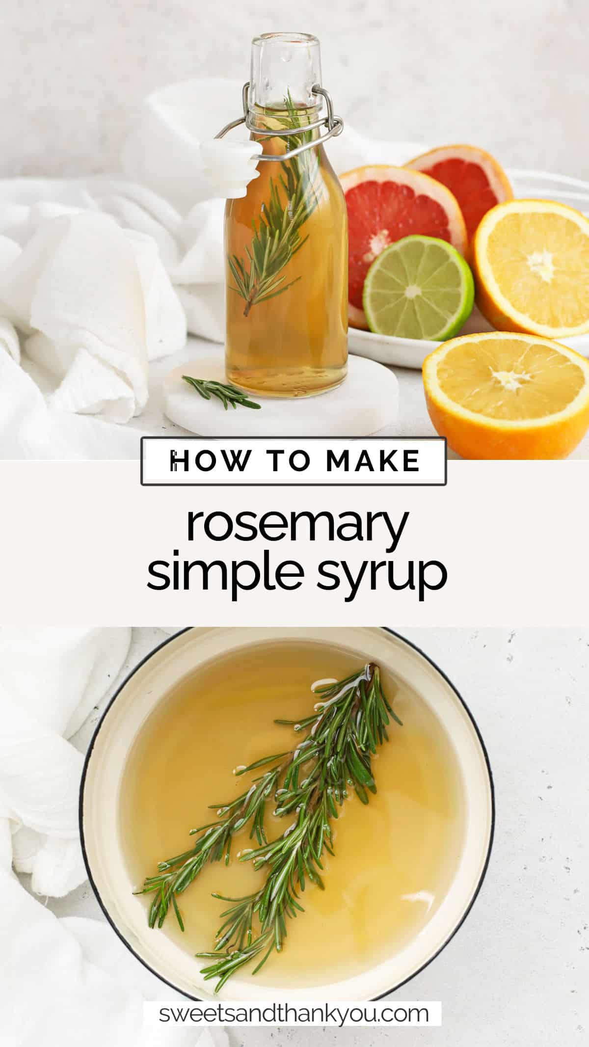 How To Make Rosemary Simple Syrup - This homemade rosemary syrup recipe adds gorgeous flavor to mocktails and cocktails of all kinds. (Don't miss all the yummy ways to use it!) // rosemary cocktail syrup recipe / rosemary mocktail syrup recipe / simple syrup recipes / rosemary infused simple syrup, infused simple syrup recipe / rosemary mocktails / rosemary cocktails / rosemary mocktail mixer / rosemary cocktail mixer 