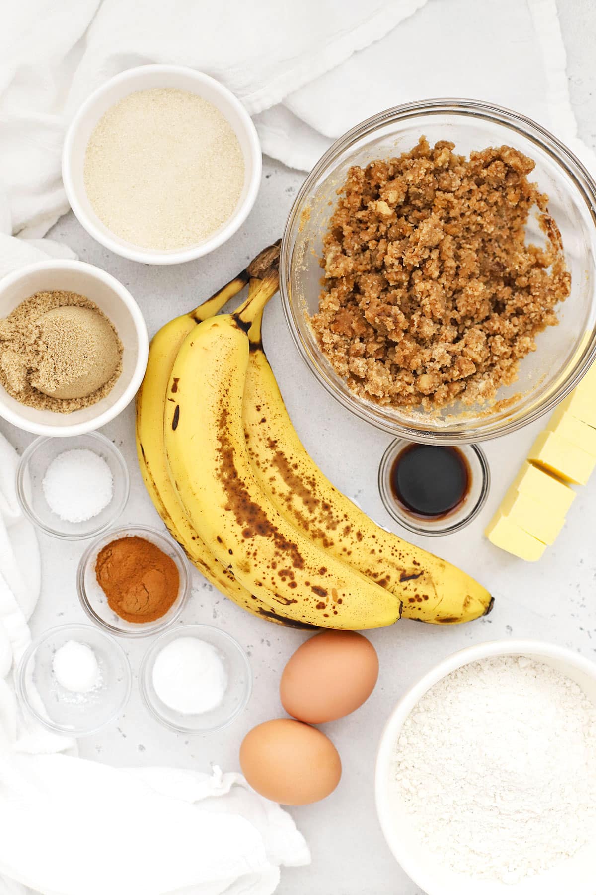 Ingredients for gluten-free banana crumb muffins