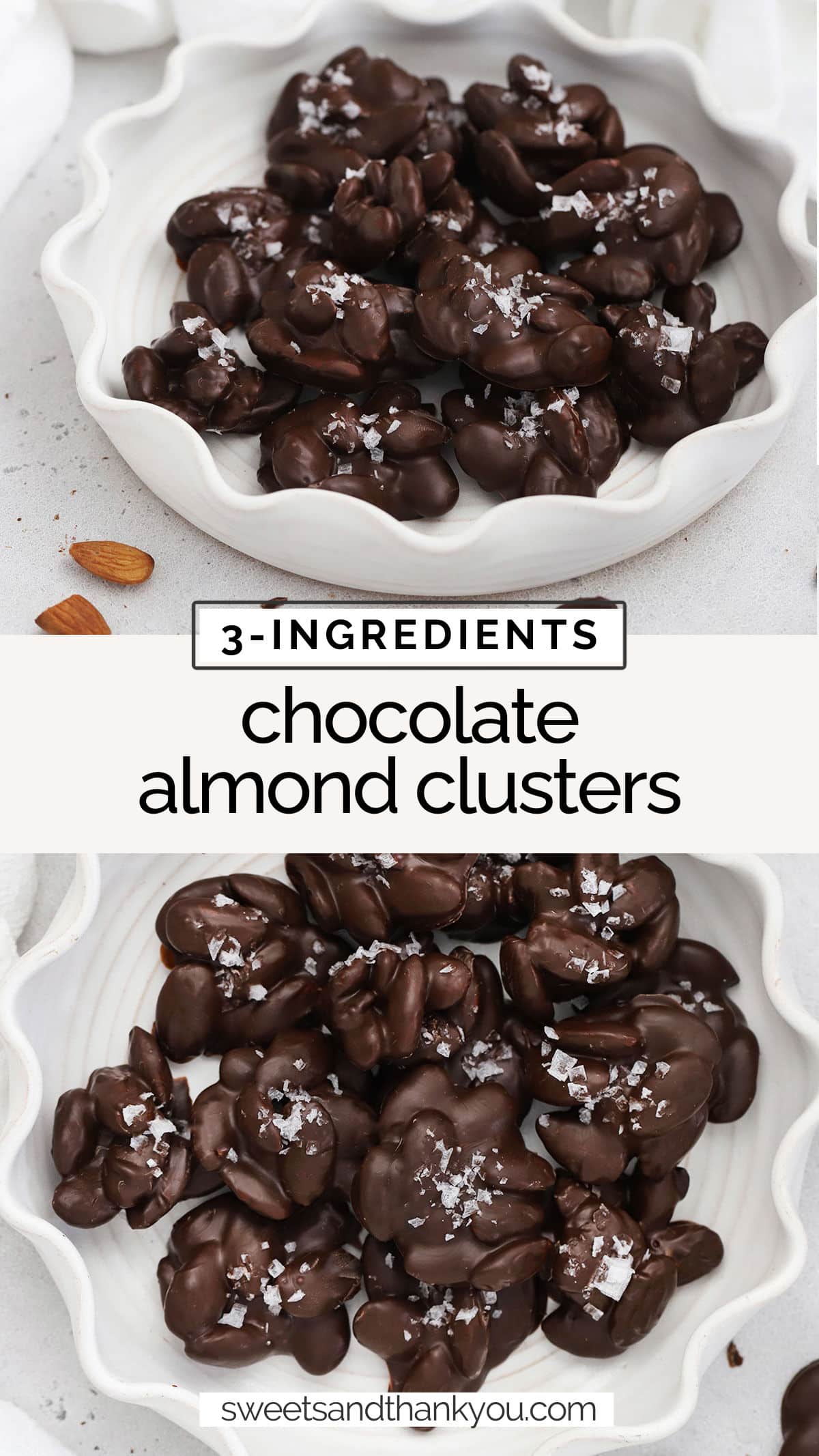3-Ingredient Chocolate Almond Clusters have a satisfying salty-sweet crunch we can't get enough of. We love this no-bake treat! (Gluten-Free & Vegan-Friendly) // chocolate almond clusters recipe / healthy treat / healthy dessert / no-bake dessert / vegan dessert / gluten-free dessert / no-bake recipe / sweet snack / egg free dessert recipe / 