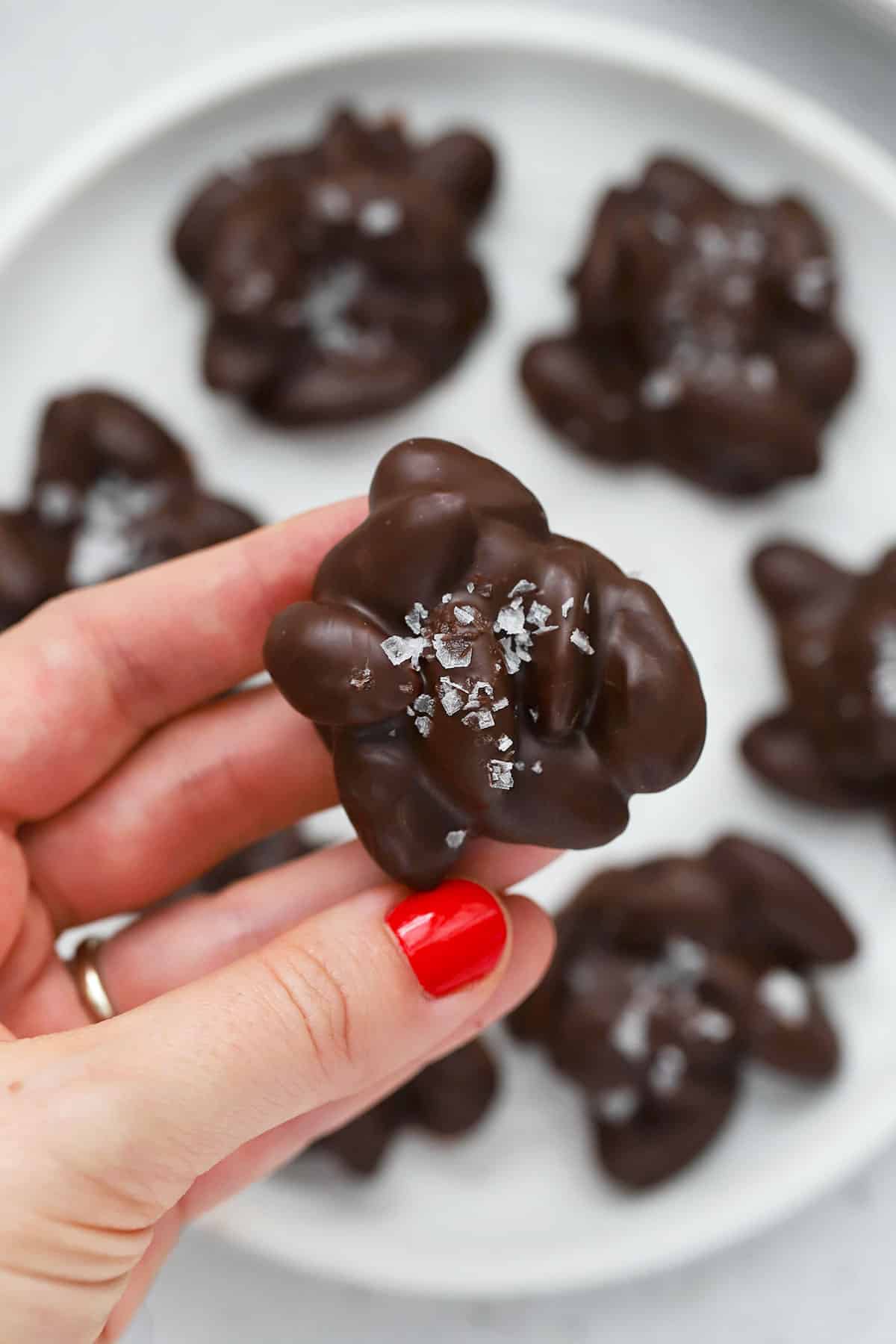 Hand holding up a chocolate almond cluster with sea salt