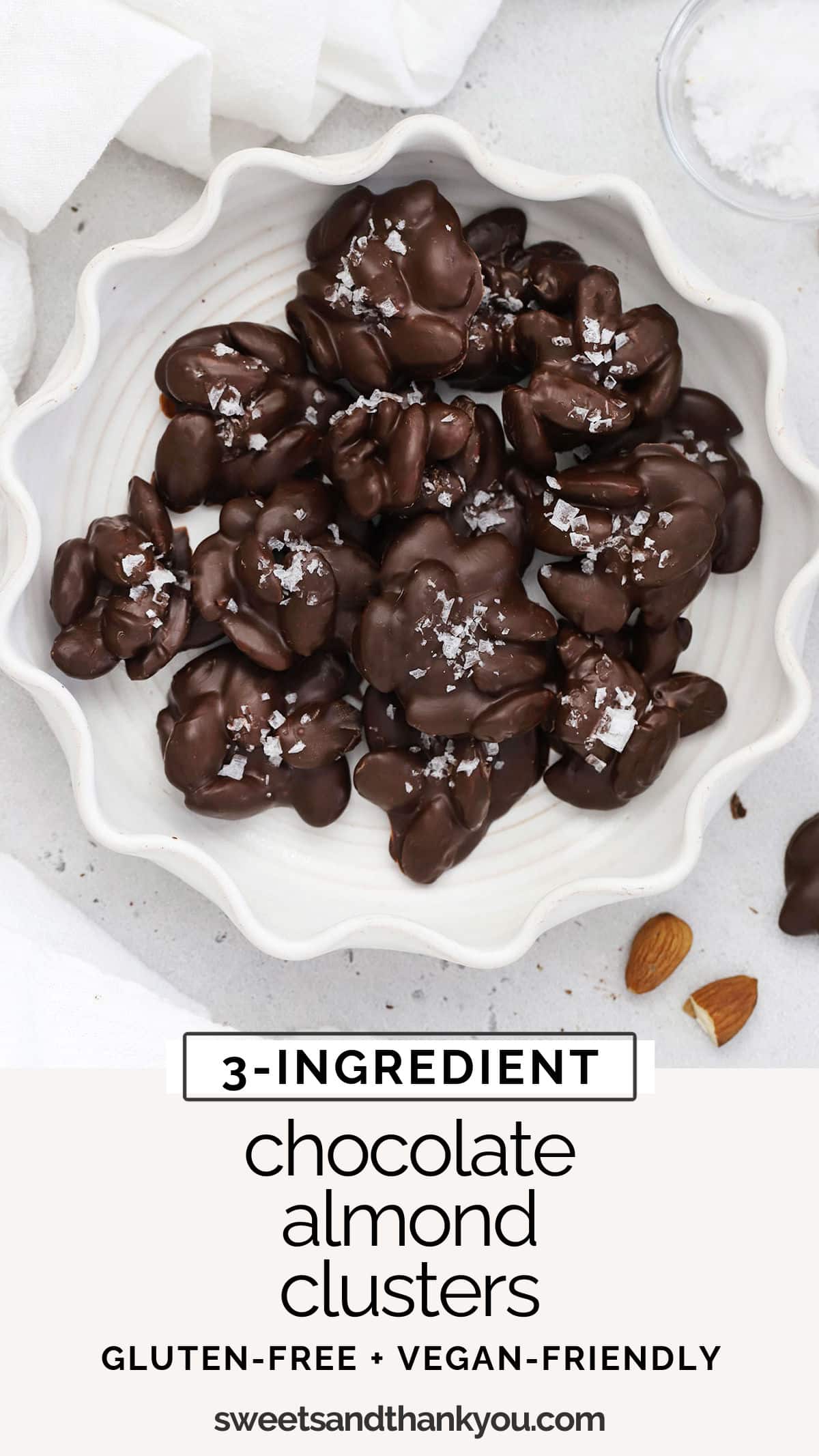 3-Ingredient Chocolate Almond Clusters have a satisfying salty-sweet crunch we can't get enough of. We love this no-bake treat! (Gluten-Free & Vegan-Friendly) // chocolate almond clusters recipe / healthy treat / healthy dessert / no-bake dessert / vegan dessert / gluten-free dessert / no-bake recipe / sweet snack / egg free dessert recipe / 