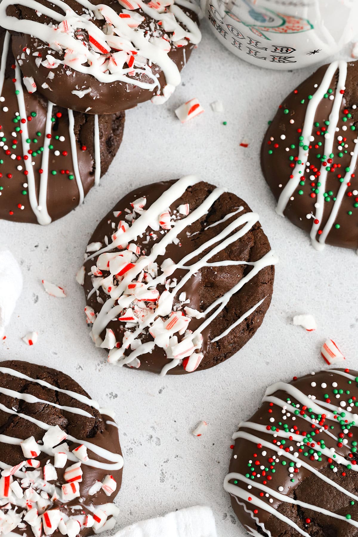 Gluten-free chocolate candy cane cookies on a white background