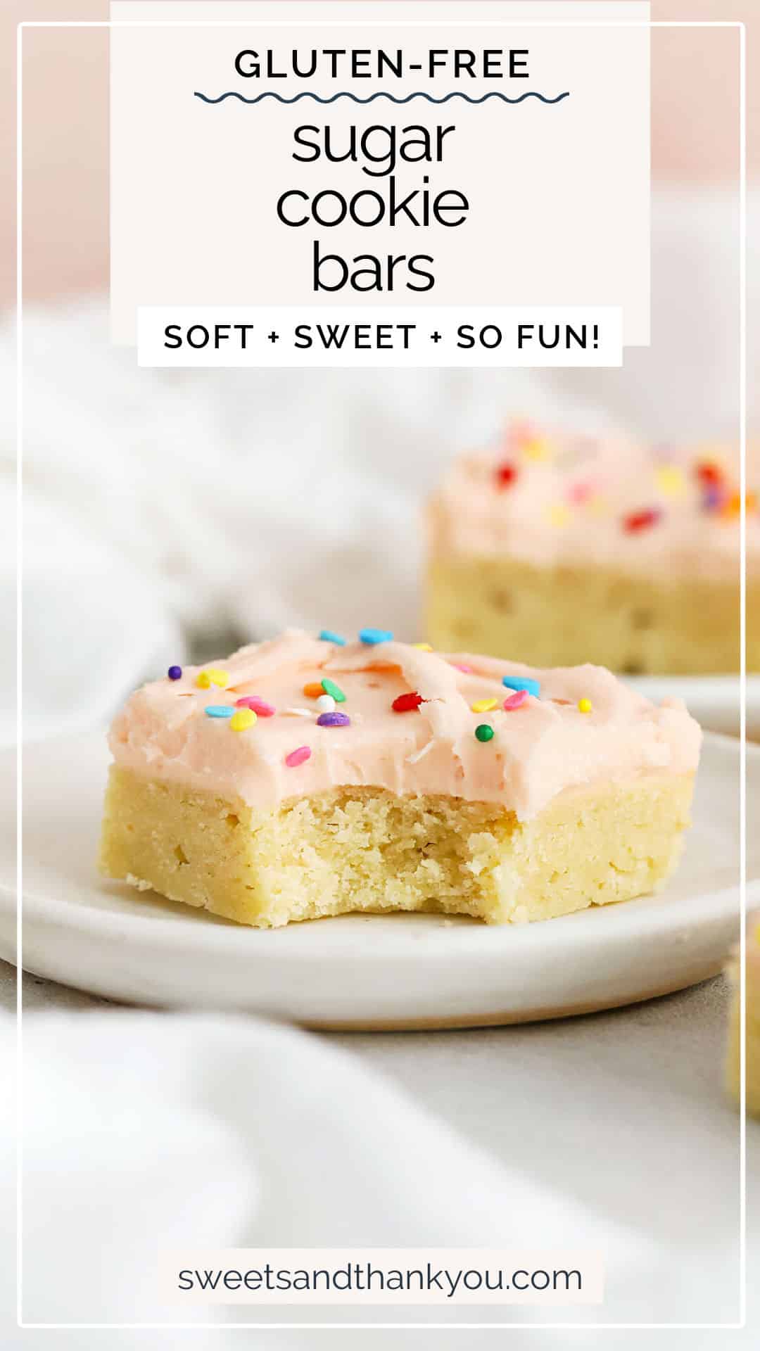 Soft, sweet, and speckled with sprinkles, these Gluten-Free Sugar Cookie Bars make for a fun treat any time! (Don't miss our favorite ways to decorate them!) / gluten free sugar cookie bars recipe / gluten-free sugar cookie bar recipe / gluten-free cookie bars / gluten-free sugar cookies / gluten-free bar cookies / gluten-free desserts / gluten-free sugar cookie bars with pink frosting / pink frosting for sugar cookies / holiday sugar cookie bars / gluten-free Christmas sugar cookie bars