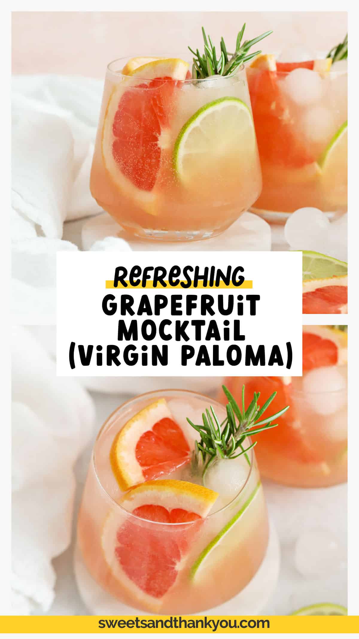 Let's make a Grapefruit Mocktail! This virgin paloma is the perfect blend of citrus & sparkle. You'll love the fresh flavor! A non-alcoholic paloma recipe like this makes a PERFECT holiday mocktail or party drink. Beyond the gorgeous pink color and light flavor, this easy mocktail recipe is EASY to make and looks elegant and sophisticated without a lot of fuss. (One secret: the rosemary simple syrup!) Get this mocktail recipe and our favorite garnishes at Sweets & Thank You