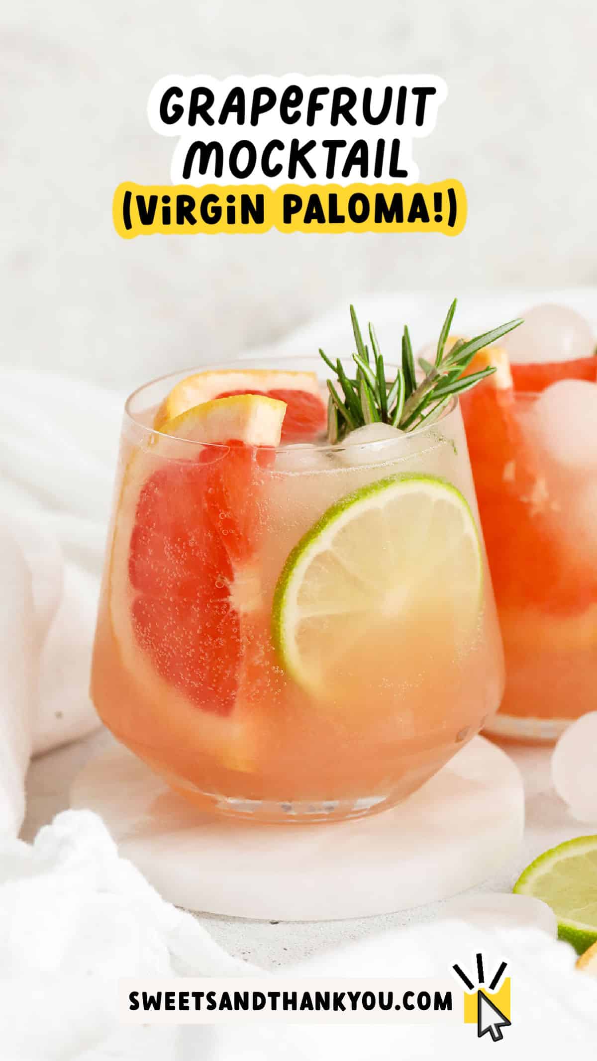 Let's make a Grapefruit Mocktail! This virgin paloma is the perfect blend of citrus & sparkle. You'll love the fresh flavor! A non-alcoholic paloma recipe like this makes a PERFECT holiday mocktail or party drink. Beyond the gorgeous pink color and light flavor, this easy mocktail recipe is EASY to make and looks elegant and sophisticated without a lot of fuss. (One secret: the rosemary simple syrup!) Get this mocktail recipe and our favorite garnishes at Sweets & Thank You