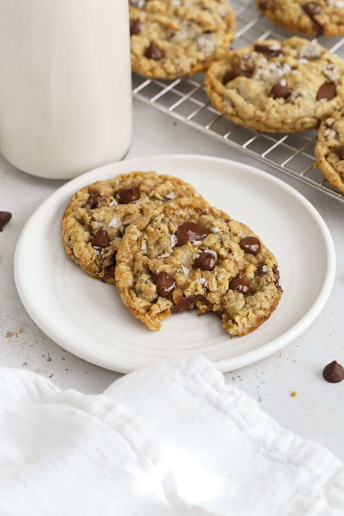 Gluten-Free Oatmeal Chocolate Chip Cookies on a white plate