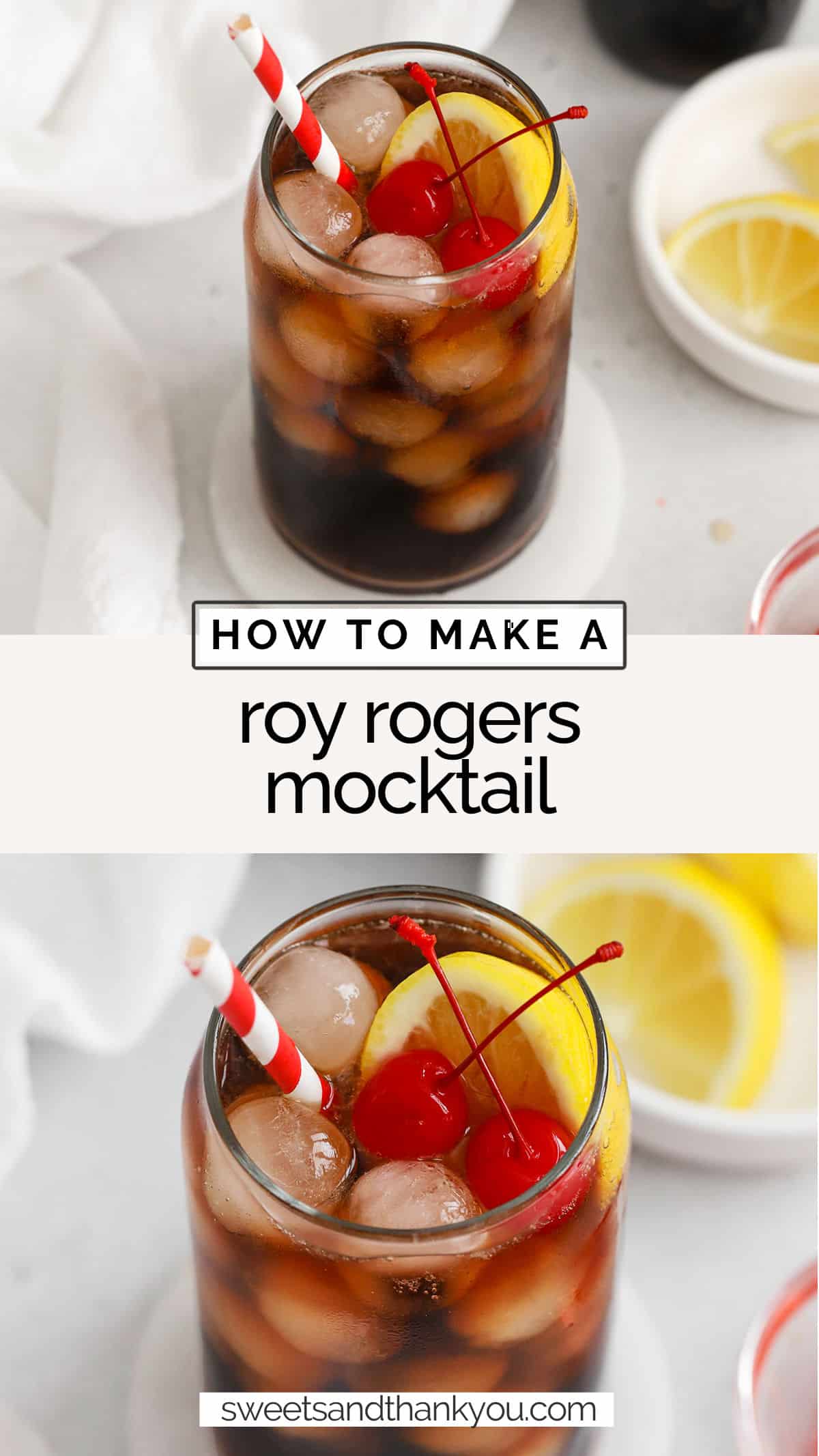 Learn how to make a Roy Rogers drink! This classic mocktail recipe is made with just 2-3 ingredients and makes a fun addition to parties and celebrations. // Roy Rogers cocktail recipe / Roy Rogers mocktail / cola mocktails / soda mocktails / grenadine mocktails / kid friendly drinks / non-alcoholic drink recipe / classic mocktail recipe / soda drink / 