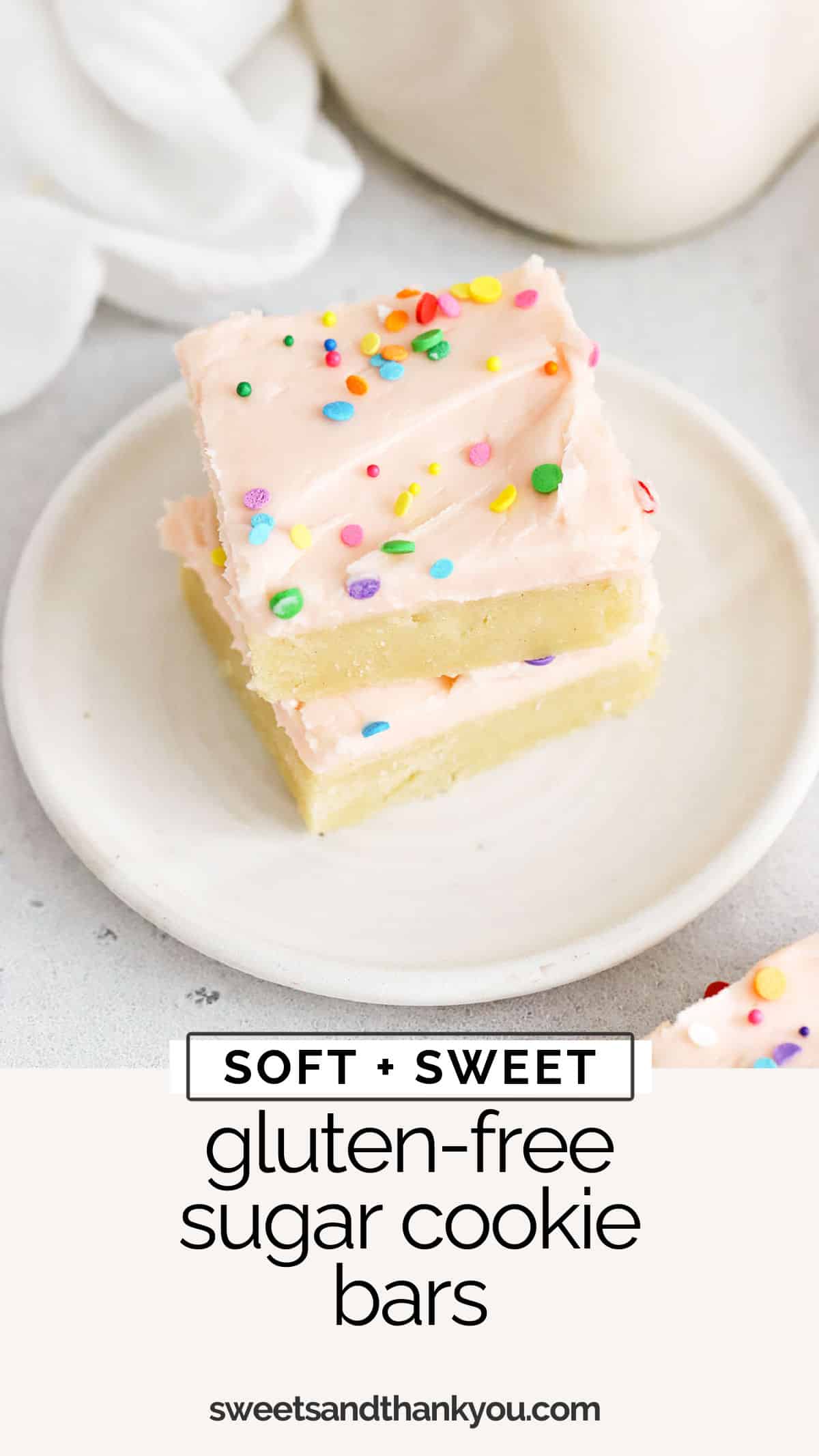 Soft, sweet, and speckled with sprinkles, these Gluten-Free Sugar Cookie Bars make for a fun treat any time! (Don't miss our favorite ways to decorate them!) / gluten free sugar cookie bars recipe / gluten-free sugar cookie bar recipe / gluten-free cookie bars / gluten-free sugar cookies / gluten-free bar cookies / gluten-free desserts / gluten-free sugar cookie bars with pink frosting / pink frosting for sugar cookies / holiday sugar cookie bars / gluten-free Christmas sugar cookie bars