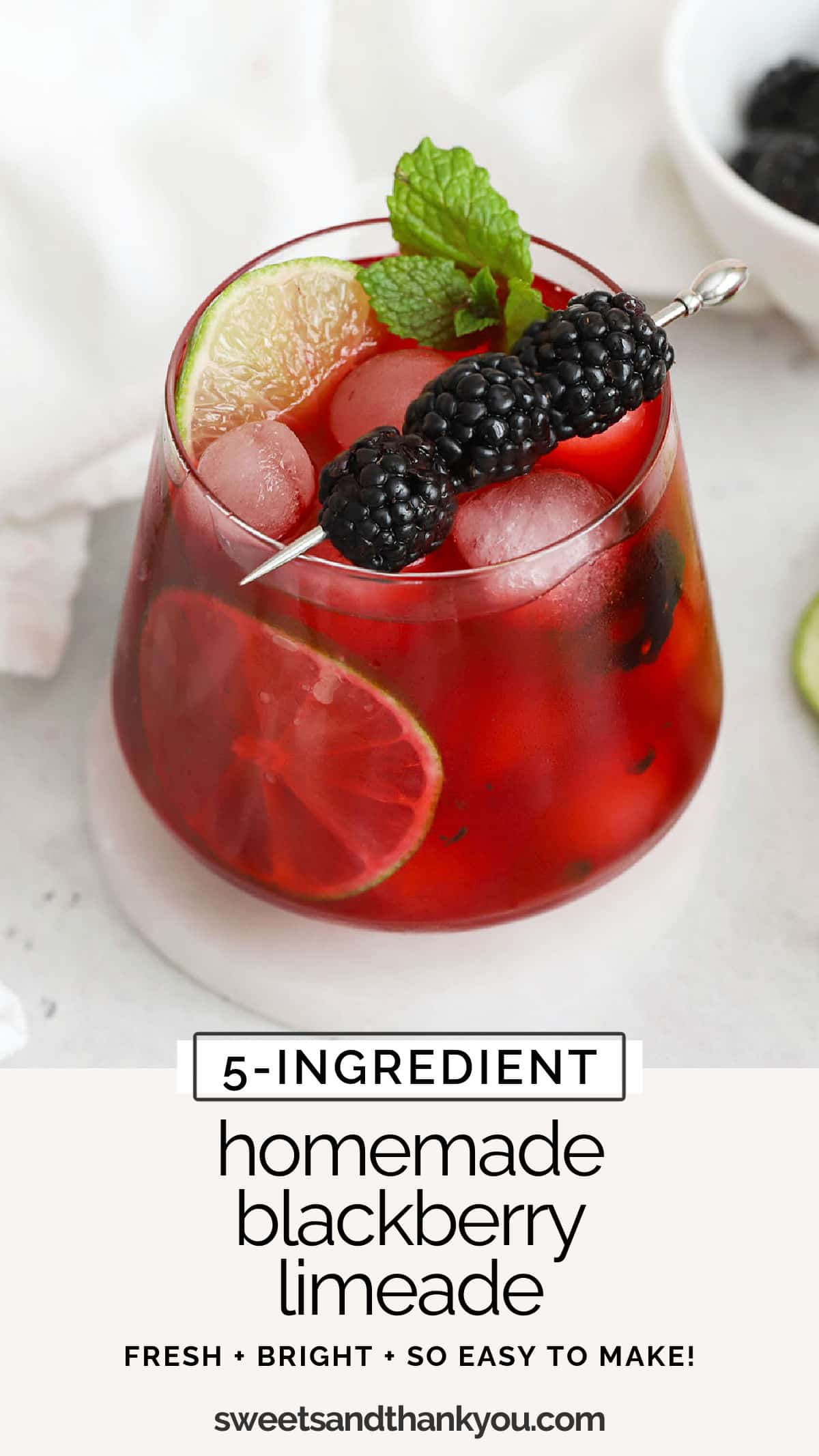 Our easy Blackberry Limeade recipe is the perfect drink to cool off with. You only need 5 ingredients to get started! / blackberry lemonade / homemade blackberry limeade / summer drink / blackberry mocktail / blackberry mojito mocktail / virgin blackberry mojito / 5 ingredient blackberry limeade / berry limeade / spring drink / summer mocktail recipe / blackberry drinks / blackberry recipe / blackberry mocktail recipe / 