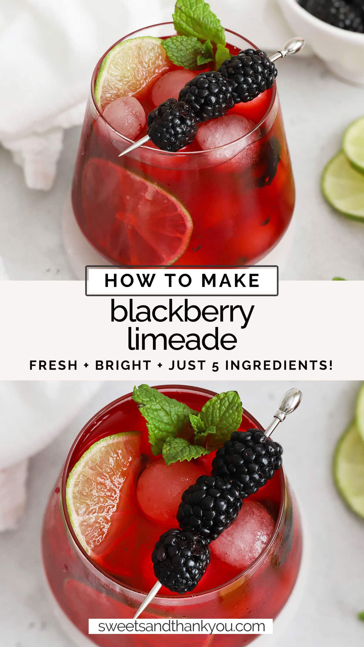 Our easy Blackberry Limeade recipe is the perfect drink to cool off with. You only need 5 ingredients to get started! / blackberry lemonade / homemade blackberry limeade / summer drink / blackberry mocktail / blackberry mojito mocktail / virgin blackberry mojito / 5 ingredient blackberry limeade / berry limeade / spring drink / summer mocktail recipe / blackberry drinks / blackberry recipe / blackberry mocktail recipe / 