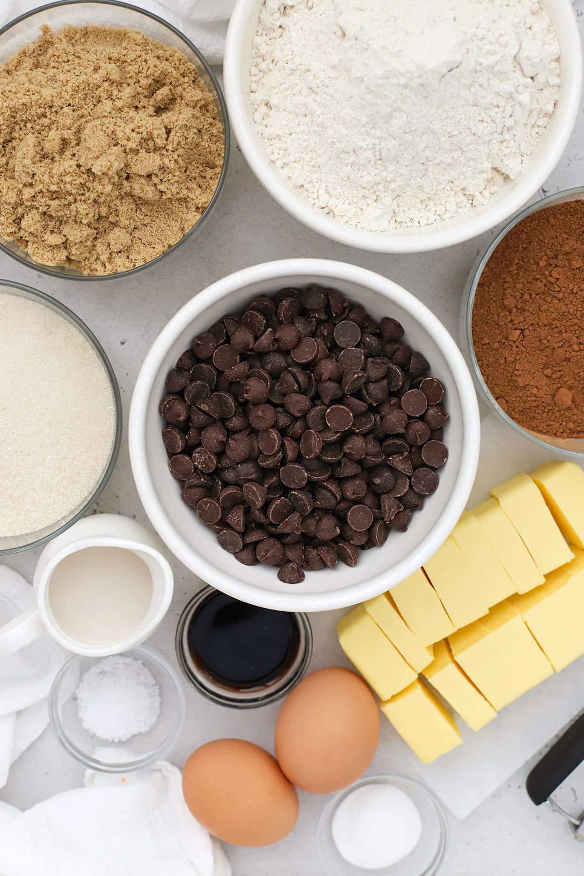 Ingredients for gluten-free chocolate chocolate chip cookies
