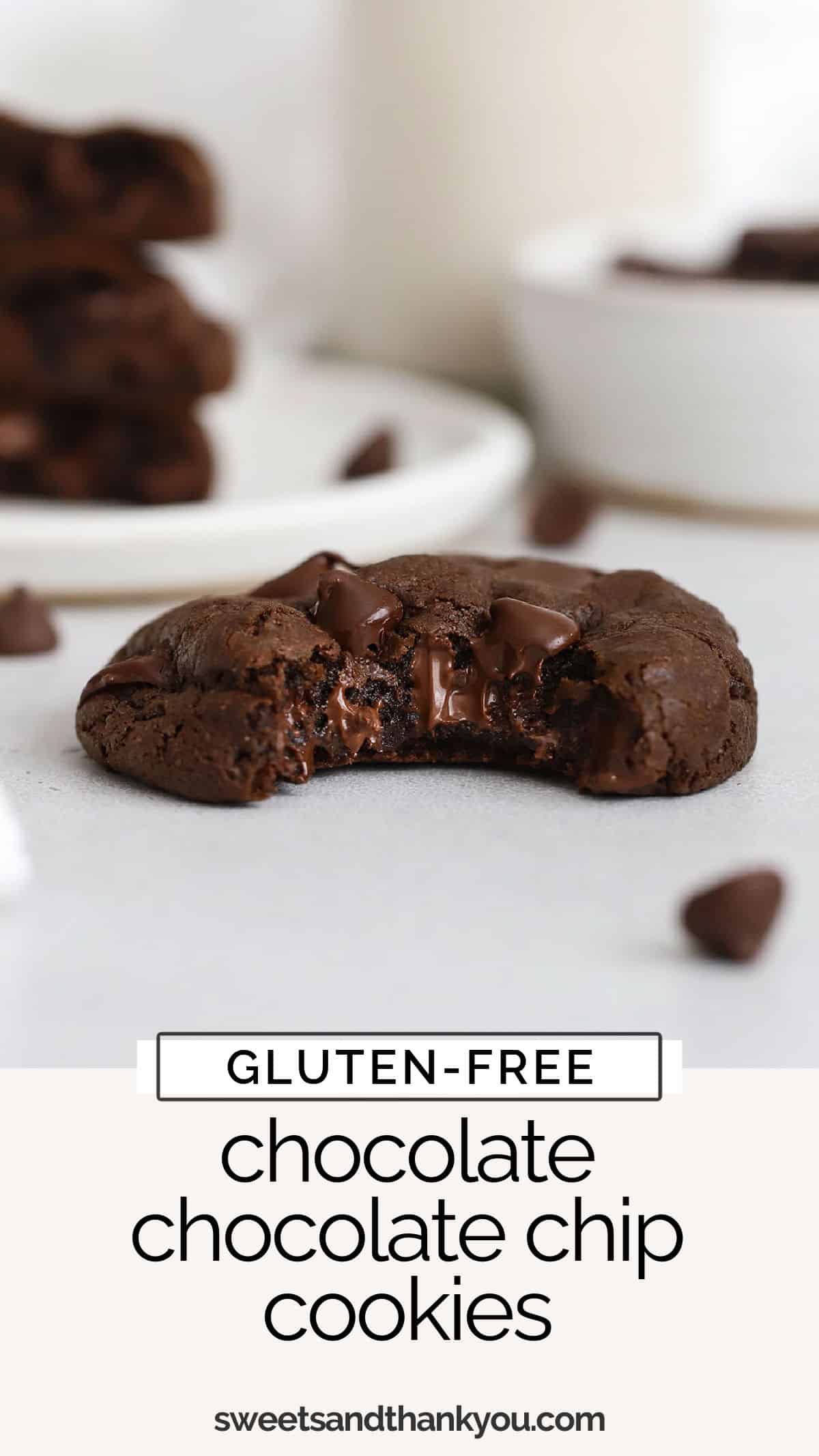 Gluten-Free Chocolate Chocolate Chip Cookies. Made with a chocolate cookie base, and plenty of chocolate chips, these gluten-free double-chocolate chip cookies are made for chocolate lovers! // gluten free double chocolate cookies / gluten free chocolate chocolate cookies recipe / gluten free cookie recipe / gluten free chocolate cookie recipe / gluten free cookies / gluten free chocolate chip cookies / gluten free cookie recipes