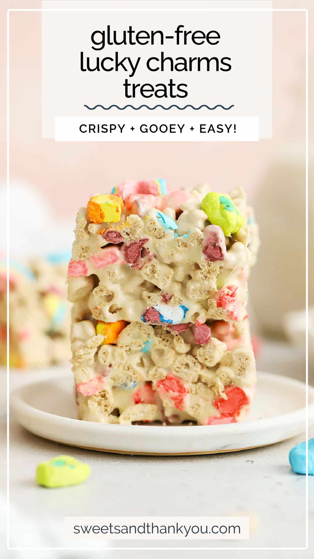 This Lucky Charms Treats recipe is a magically delicious St. Patrick's Day treat to share with your family! Quick, easy & no-bake, too! / lucky charms marshmallow treats / lucky charms cereal treats / lucky charms rice krispie treats / lucky charms rice crispy treats / lucky charms rice krispies treats / gluten-free st. patricks day dessert / St. Patrick's Day treats / rainbow dessert / gluten-free cereal treats / no bake recipe / gluten-free cereal bars / lucky charms cereal bars /