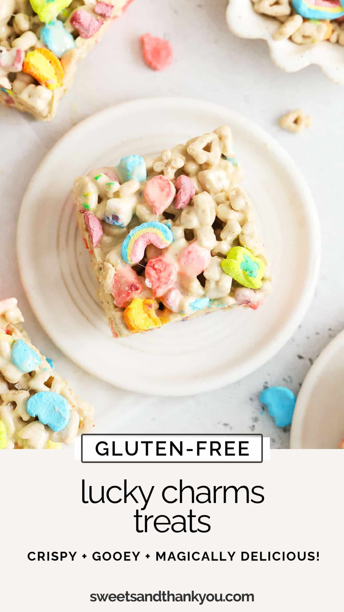 This Lucky Charms Treats recipe is a magically delicious St. Patrick's Day treat to share with your family! Quick, easy & no-bake, too! / lucky charms marshmallow treats / lucky charms cereal treats / lucky charms rice krispie treats / lucky charms rice crispy treats / lucky charms rice krispies treats / gluten-free st. patricks day dessert / St. Patrick's Day treats / rainbow dessert / gluten-free cereal treats / no bake recipe / gluten-free cereal bars / lucky charms cereal bars /