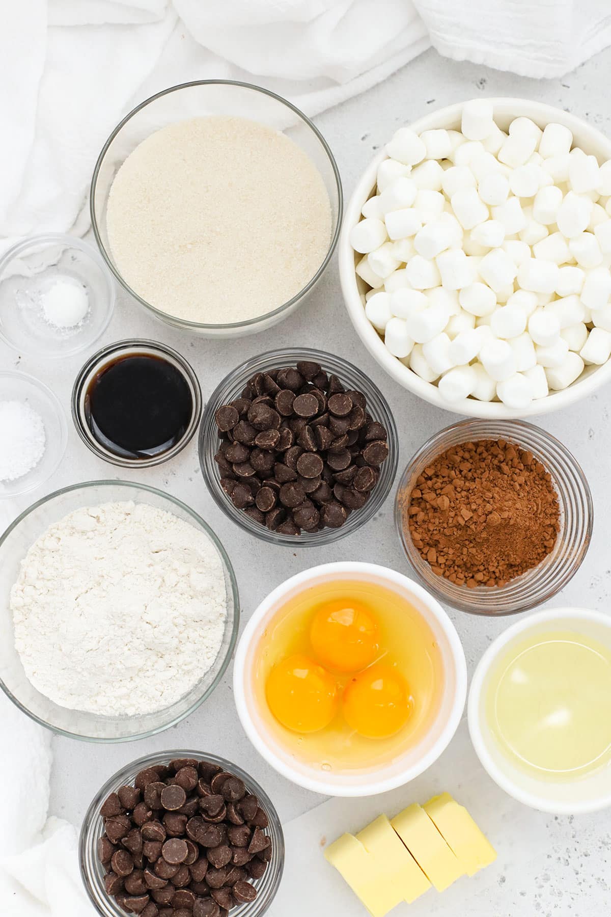 Ingredients for gluten-free marshmallow brownies